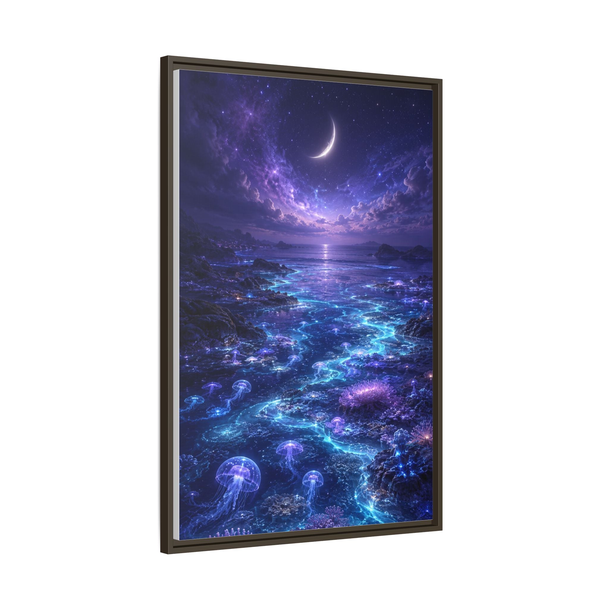 Framed Canvas Art — Bioluminescent Moonlit Ocean Scene