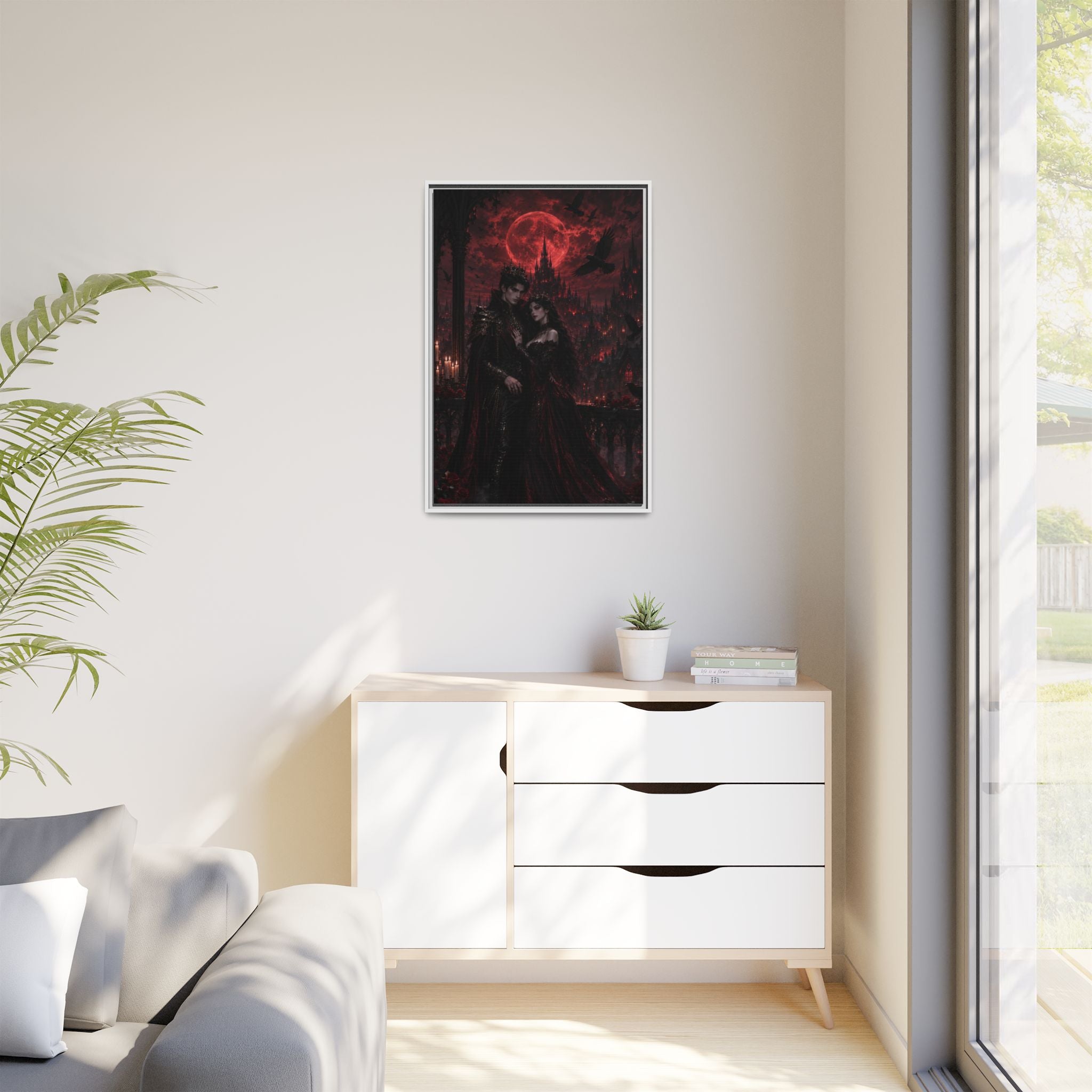 Vampire Lovers Matte Framed Canvas — Gothic Red Moon Wall Art