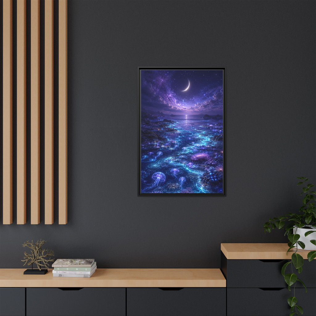 Framed Canvas Art — Bioluminescent Moonlit Ocean Scene