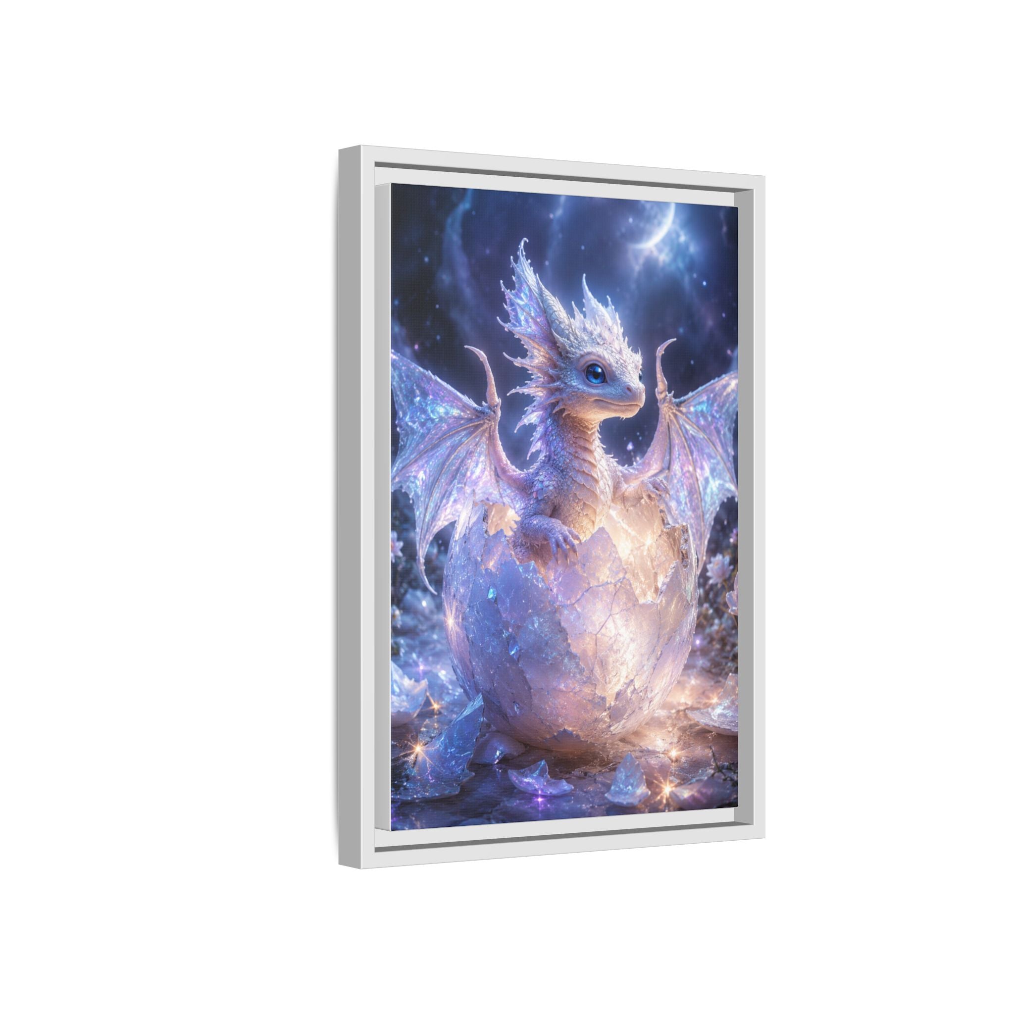 Framed Fantasy Dragon Canvas Print — Mystical Baby Dragon in Cracked Egg Wall Art