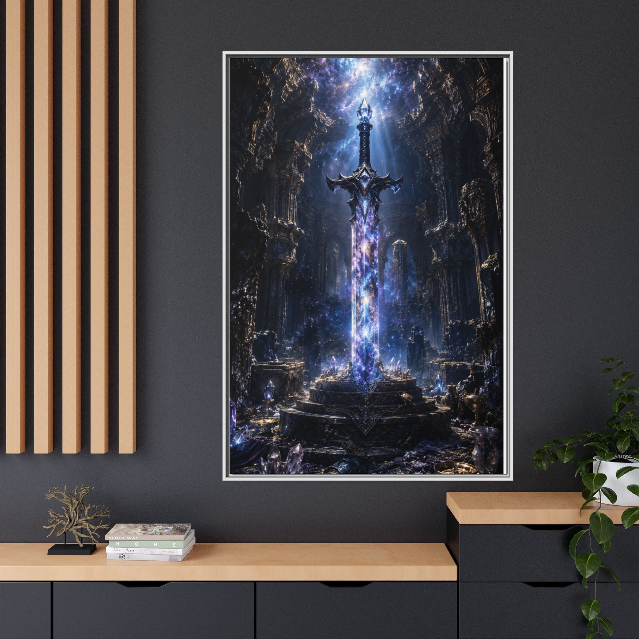 Framed Fantasy Sword Canvas — Mystical Glowing Blade Wall Art