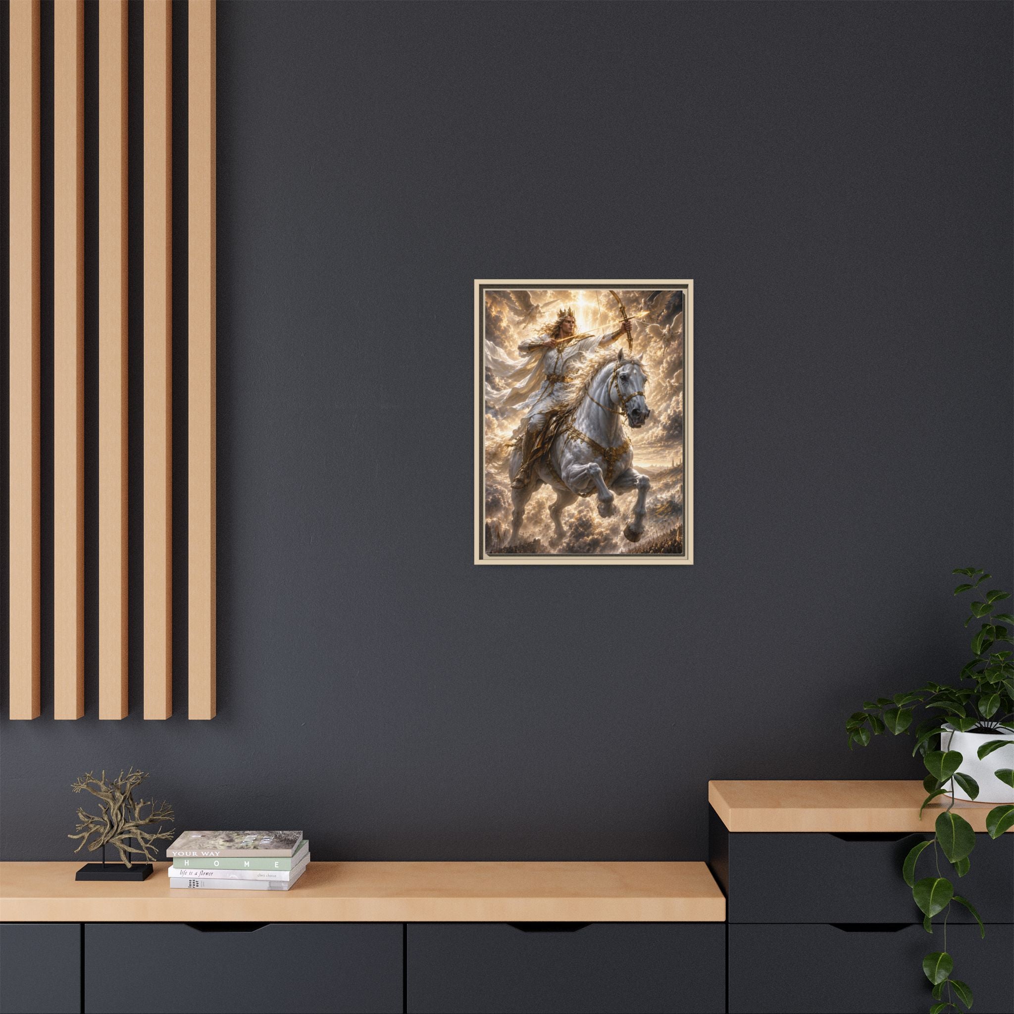 Mythic Warrior on White Steed — Framed Matte Canvas Wall Art