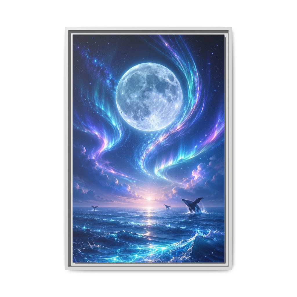 Framed Canvas Art - Lunar Aurora Ocean Scene