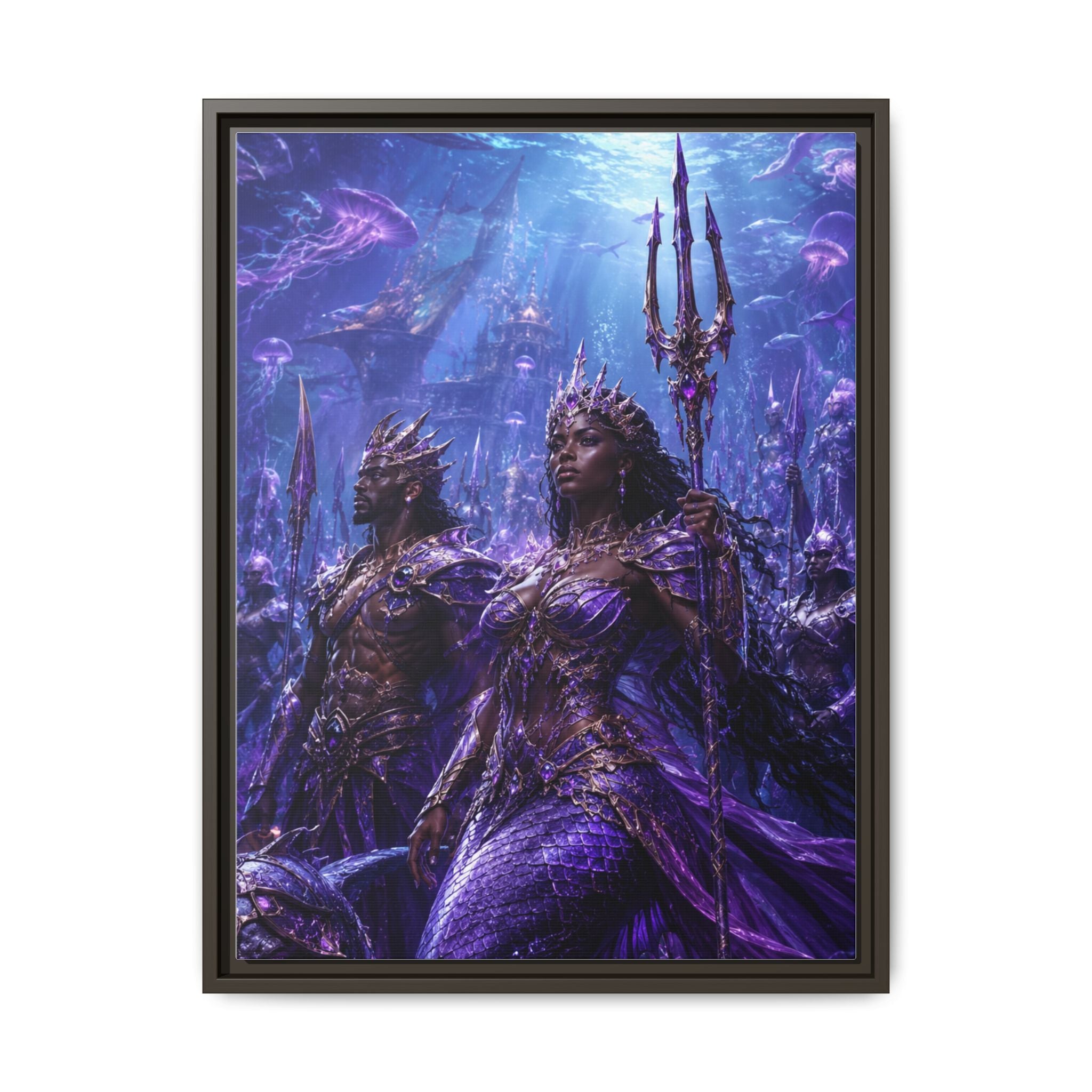 Framed Matte Canvas Print — Regal Underwater Merfolk Royalty (Purple)