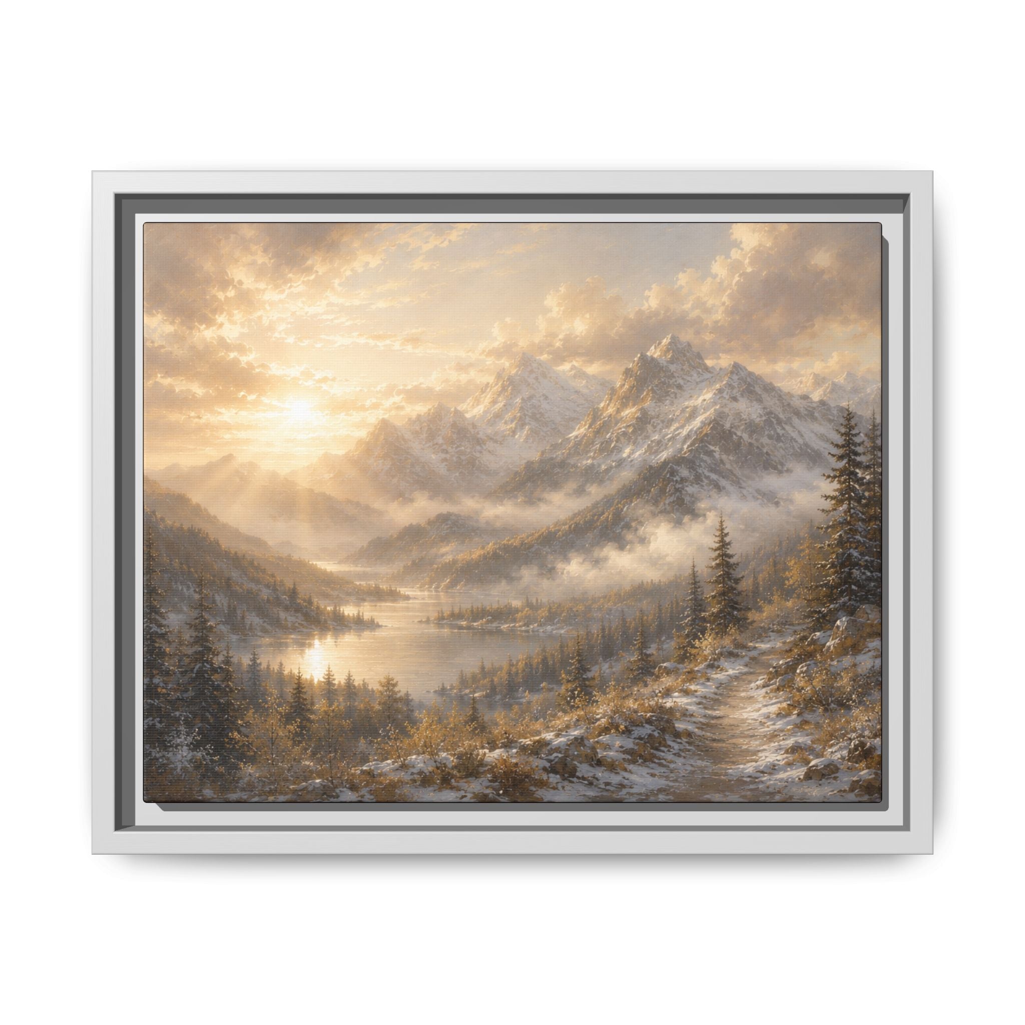 Golden Mountain Mist Framed Canvas Print — Framed Landscape Wall Art
