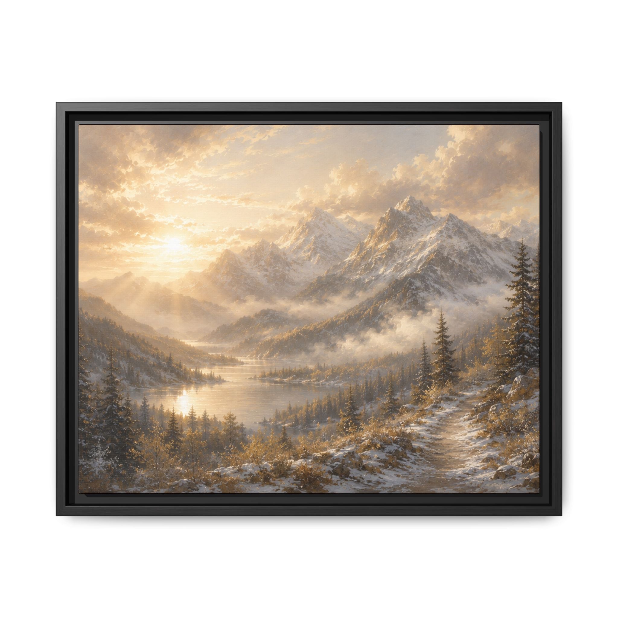 Golden Sunrise Mountain Framed Canvas Print (Framed)