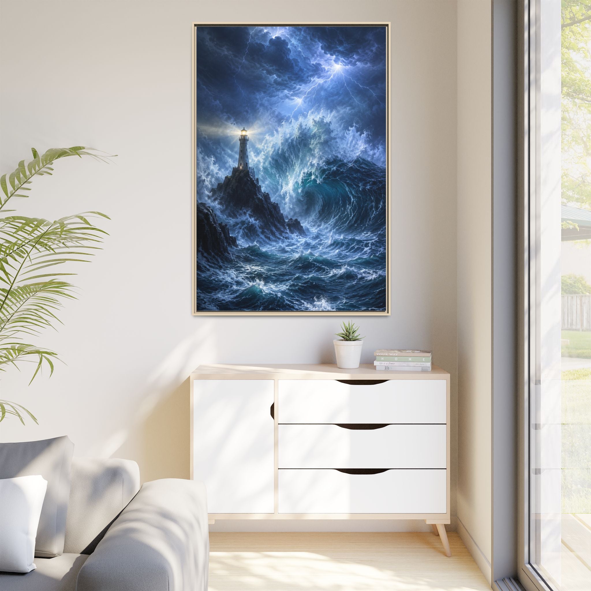 Framed Matte Canvas – Stormy Lighthouse Ocean Print