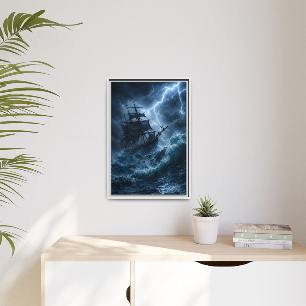 Stormy Seas Ship Painting — Framed Matte Canvas Wall Art