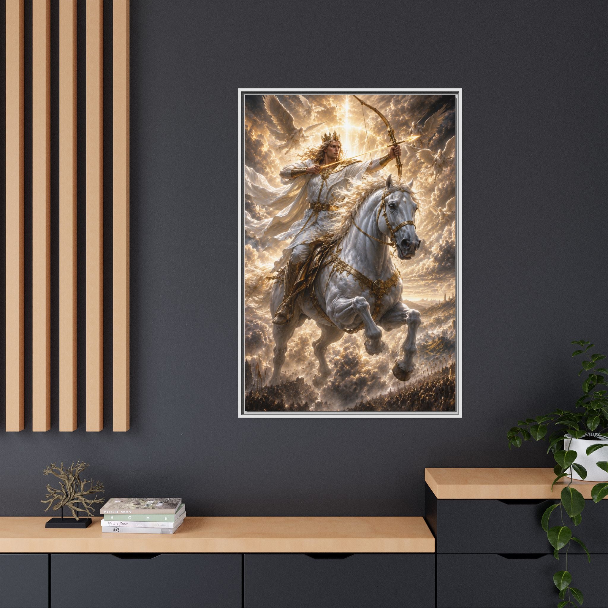 Mythic Warrior on White Steed — Framed Matte Canvas Wall Art