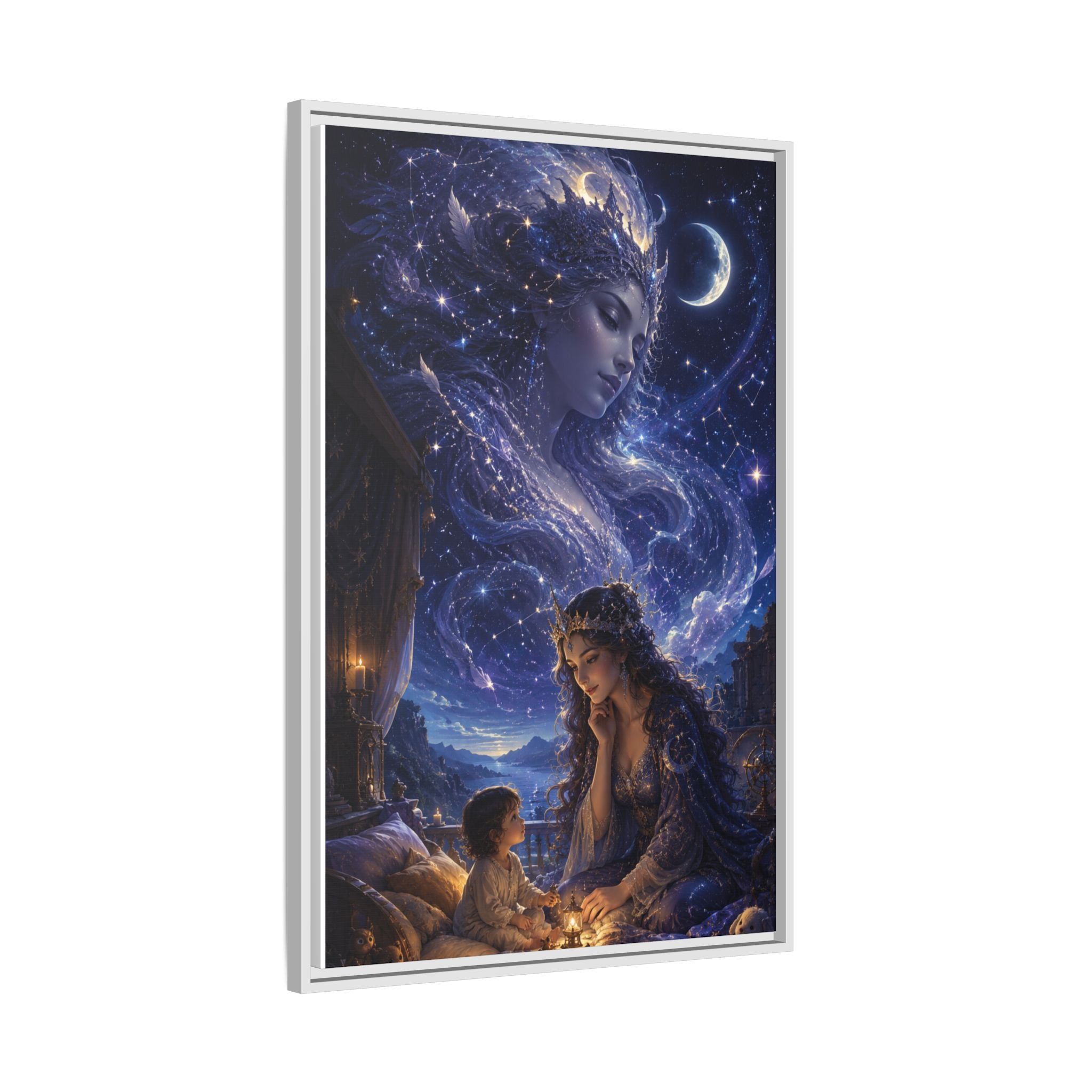 Framed Matte Canvas — Mystical Moon Mother & Child Nightscape Wall Art