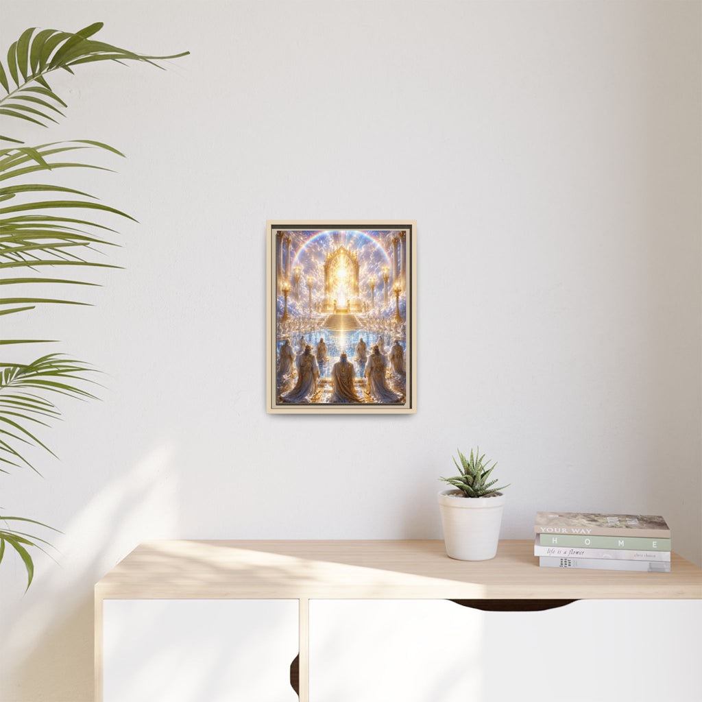 Heavenly Throne Room Matte Framed Canvas — Golden Angelic Realm Wall Art