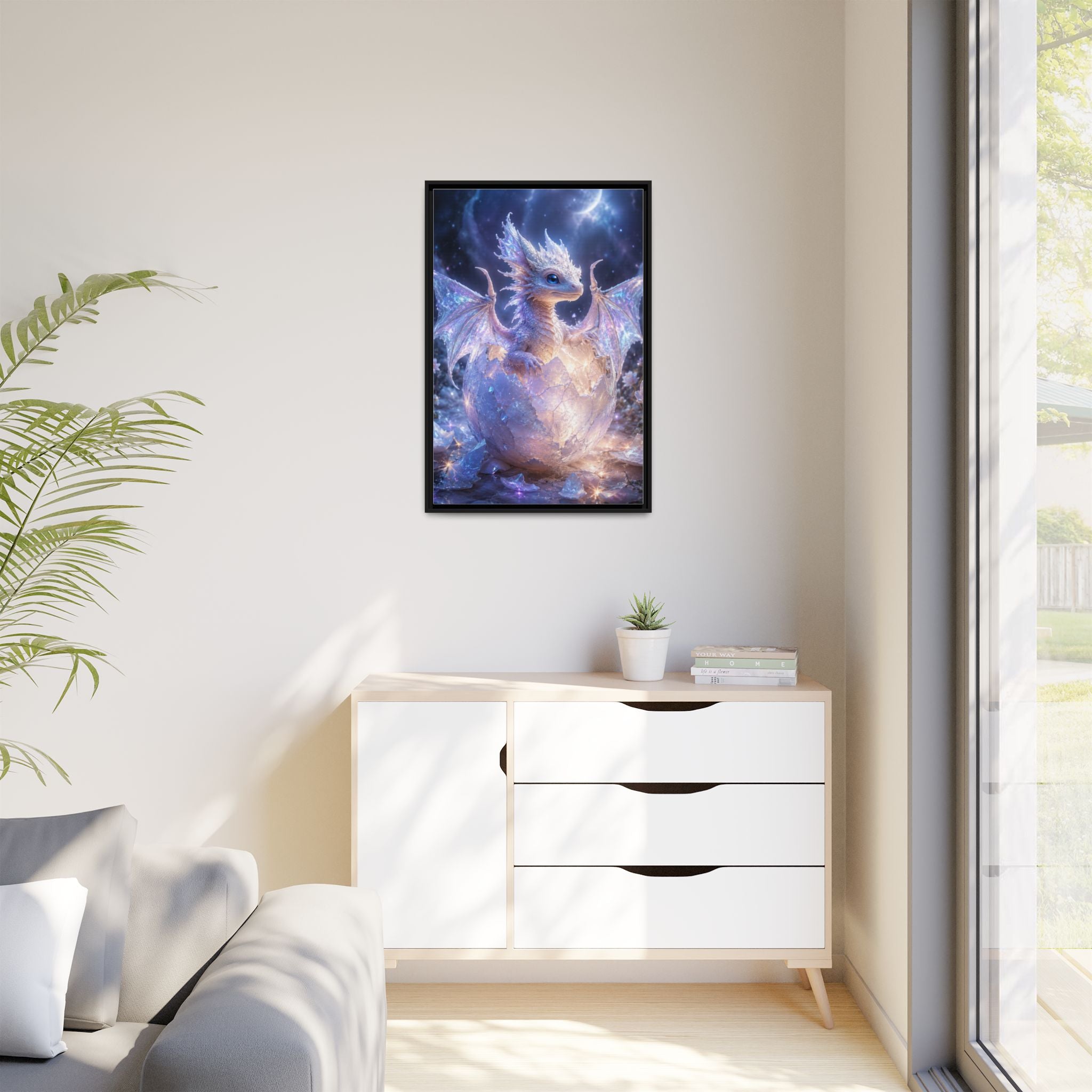 Framed Fantasy Dragon Canvas Print — Mystical Baby Dragon in Cracked Egg Wall Art