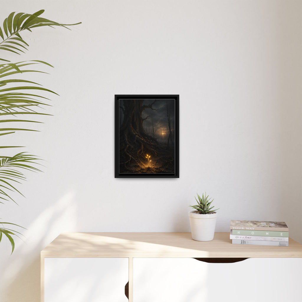 Framed Matte Canvas — Glow Sprout in Dark Forest (Ethereal Fantasy Wall Art)