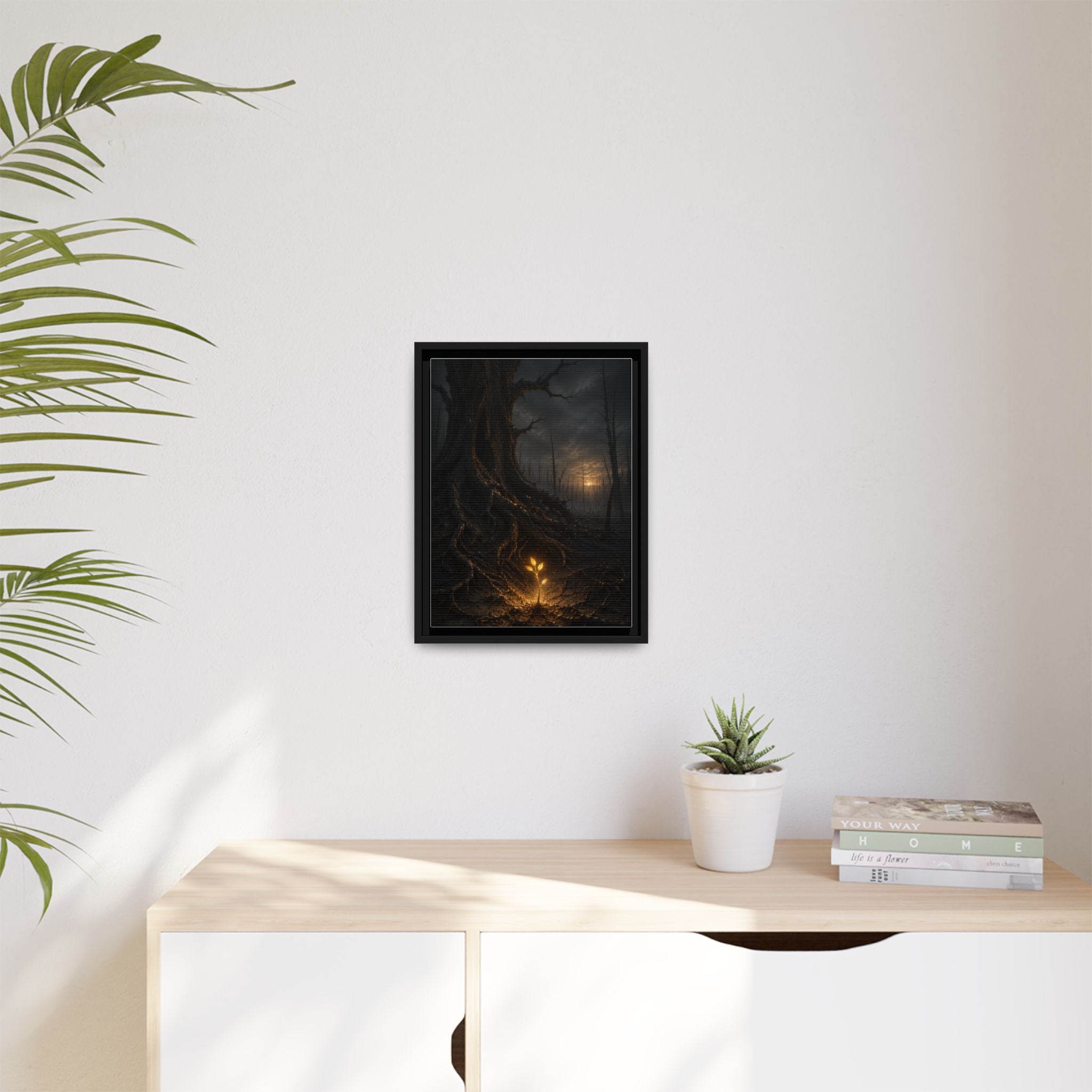 Framed Matte Canvas — Glow Sprout in Dark Forest (Ethereal Fantasy Wall Art)