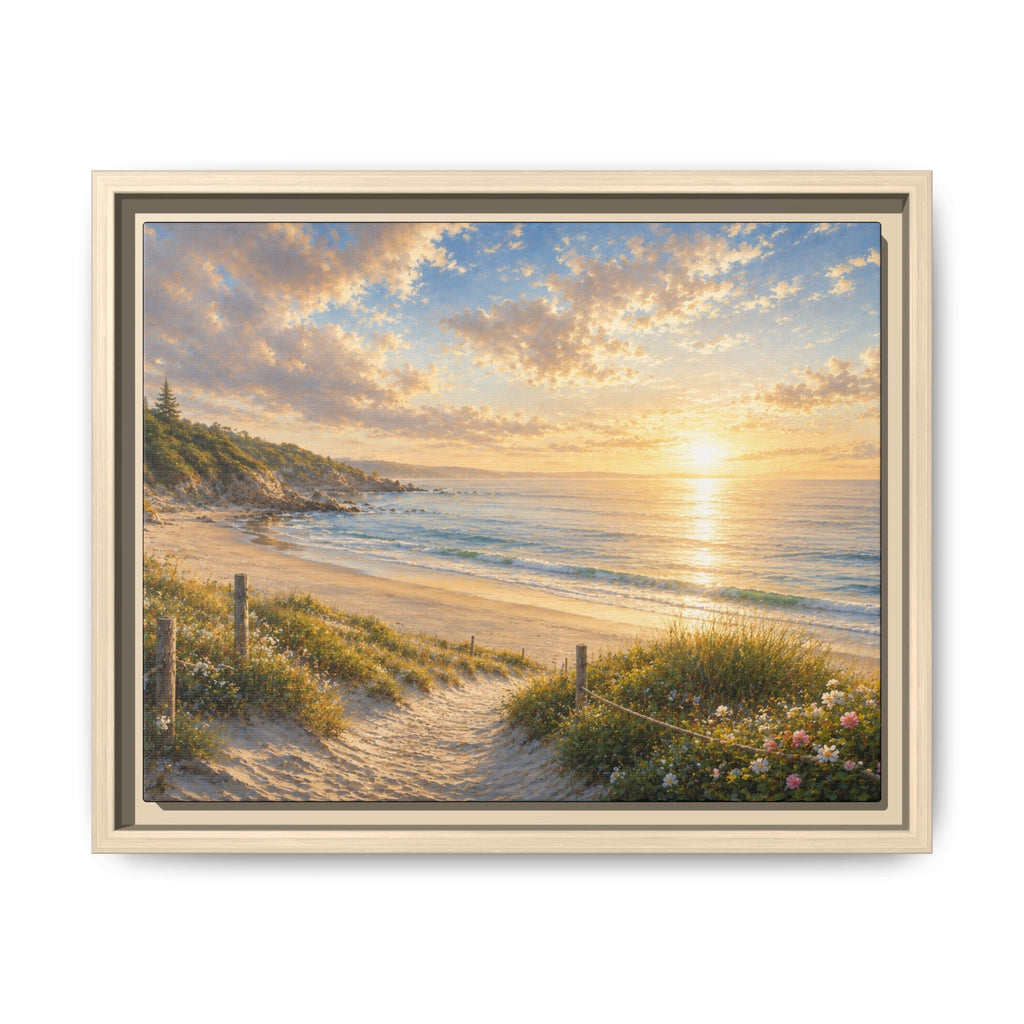 Framed Framed Canvas: Golden Beach Sunrise Seascape Wall Art