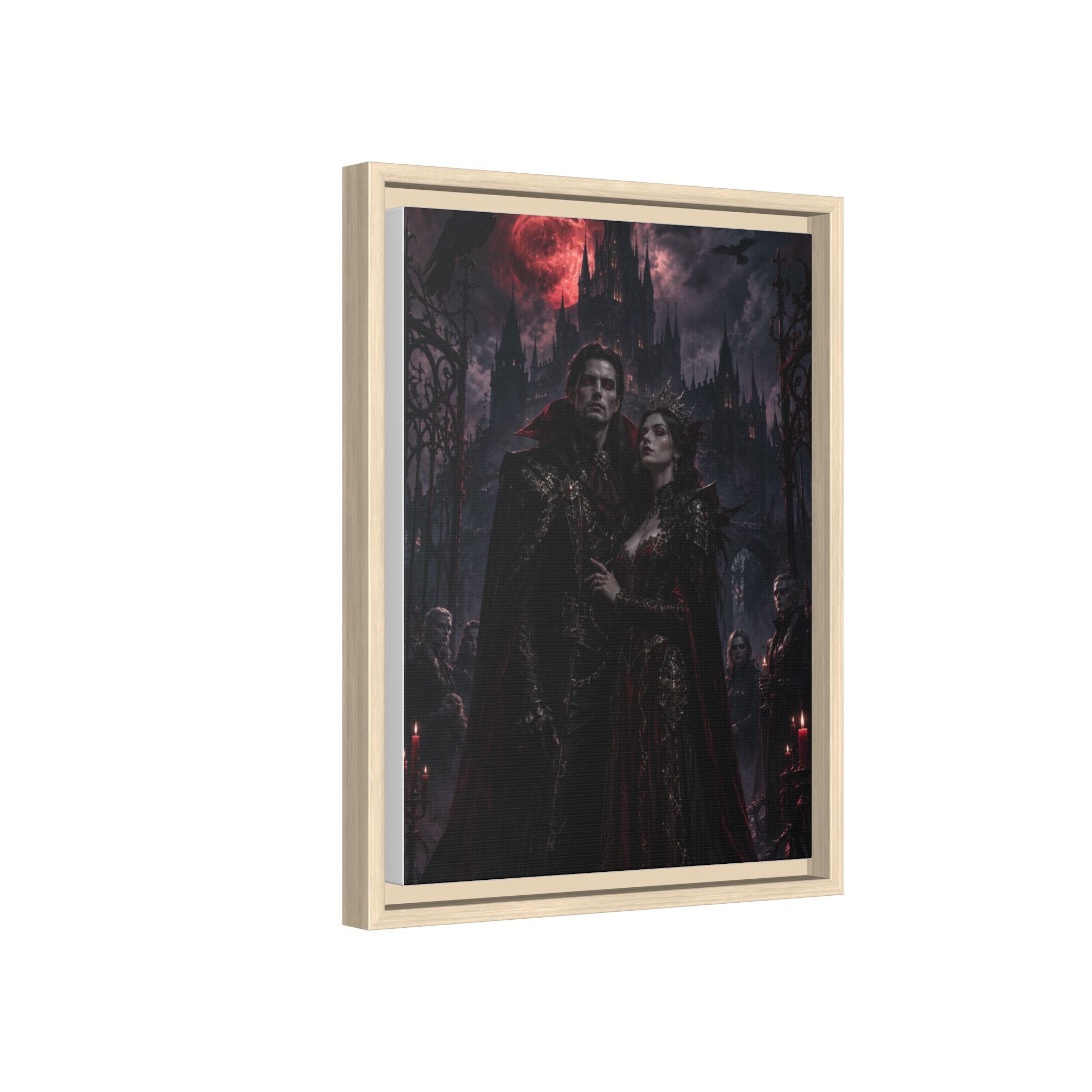 Vampire Couple Matte Framed Canvas Art – Gothic Red Moon Wall Decor