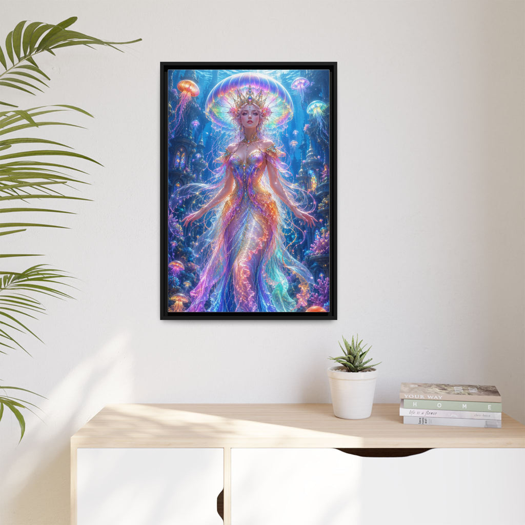 Jellyfish Queen Framed Canvas Art — Vibrant Mermaid Goddess Wall Print
