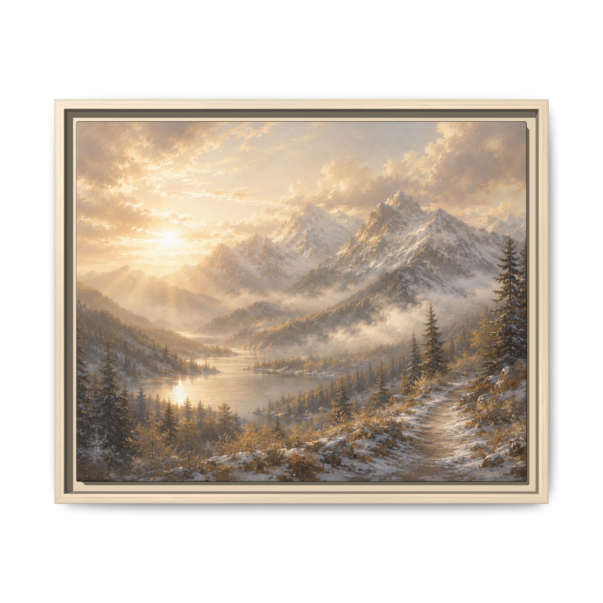 Golden Sunrise Mountain Framed Canvas Print (Framed)