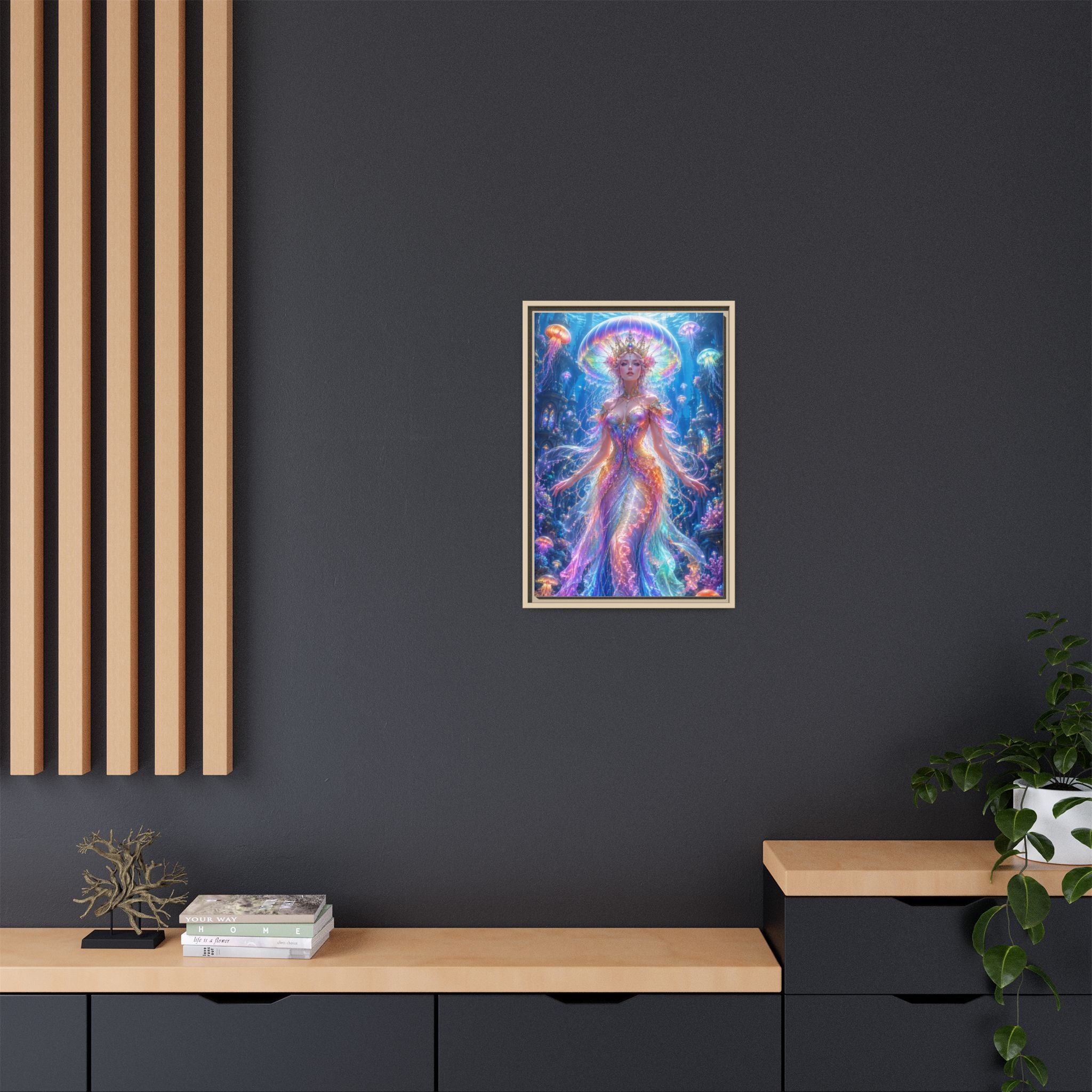 Jellyfish Queen Framed Canvas Art — Vibrant Mermaid Goddess Wall Print