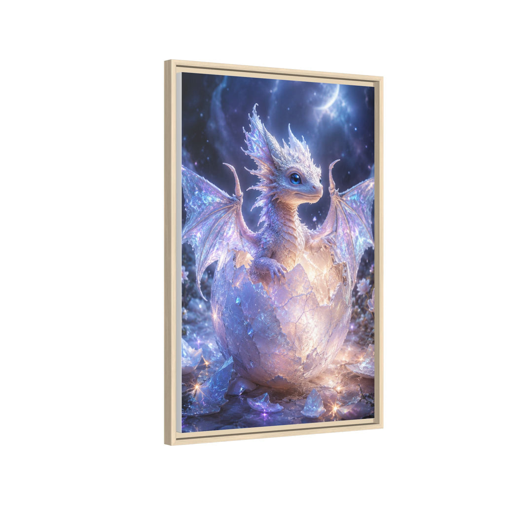 Framed Fantasy Dragon Canvas Print — Mystical Baby Dragon in Cracked Egg Wall Art