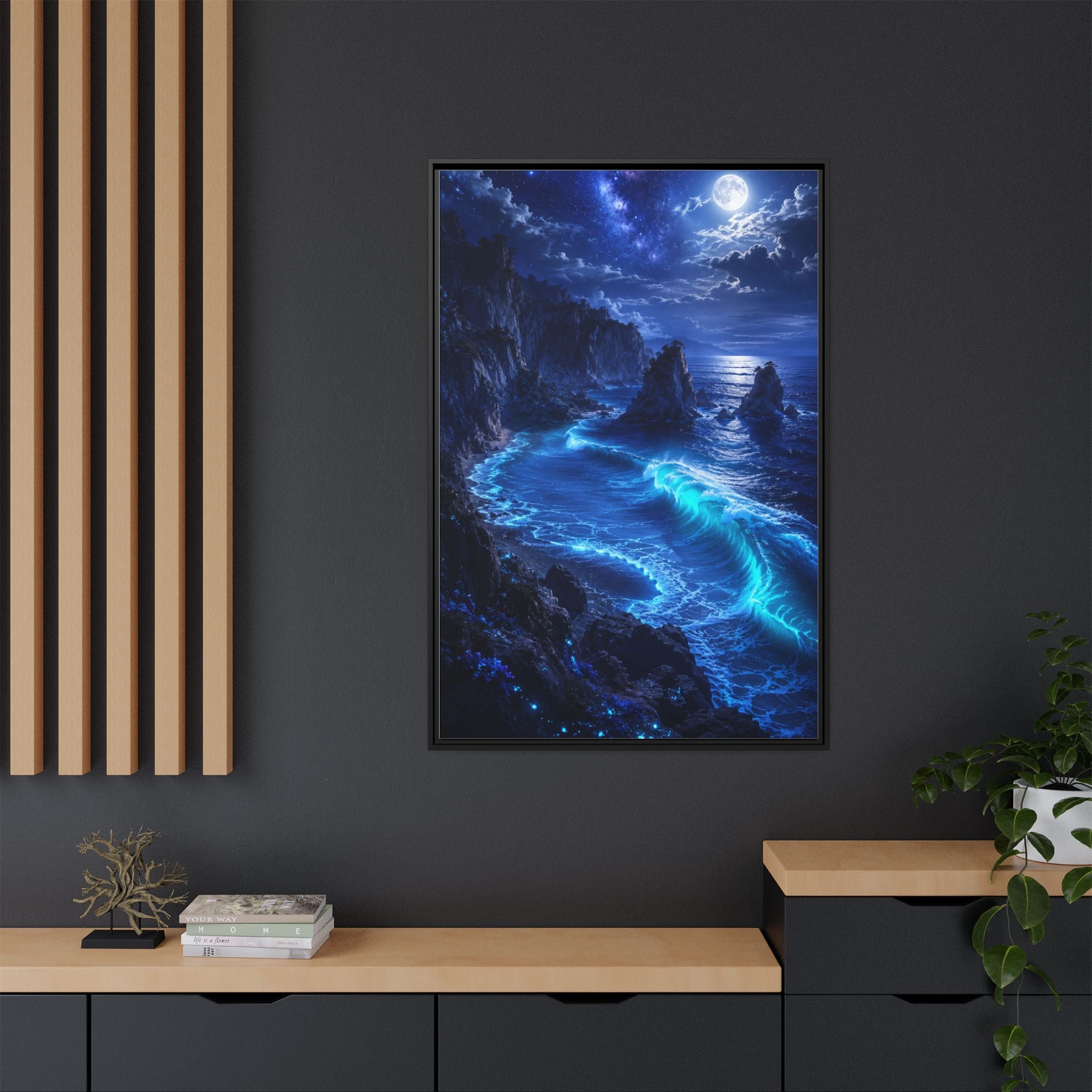 Framed Matte Canvas: Luminous Moonlit Ocean Art Print