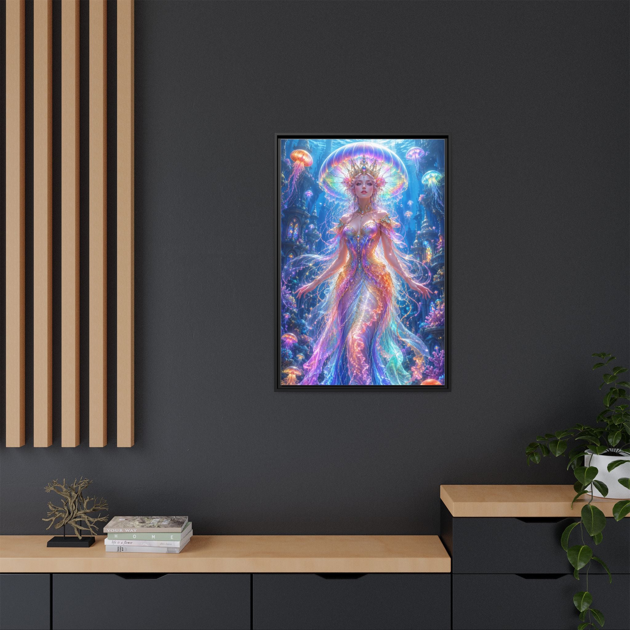 Jellyfish Queen Framed Canvas Art — Vibrant Mermaid Goddess Wall Print