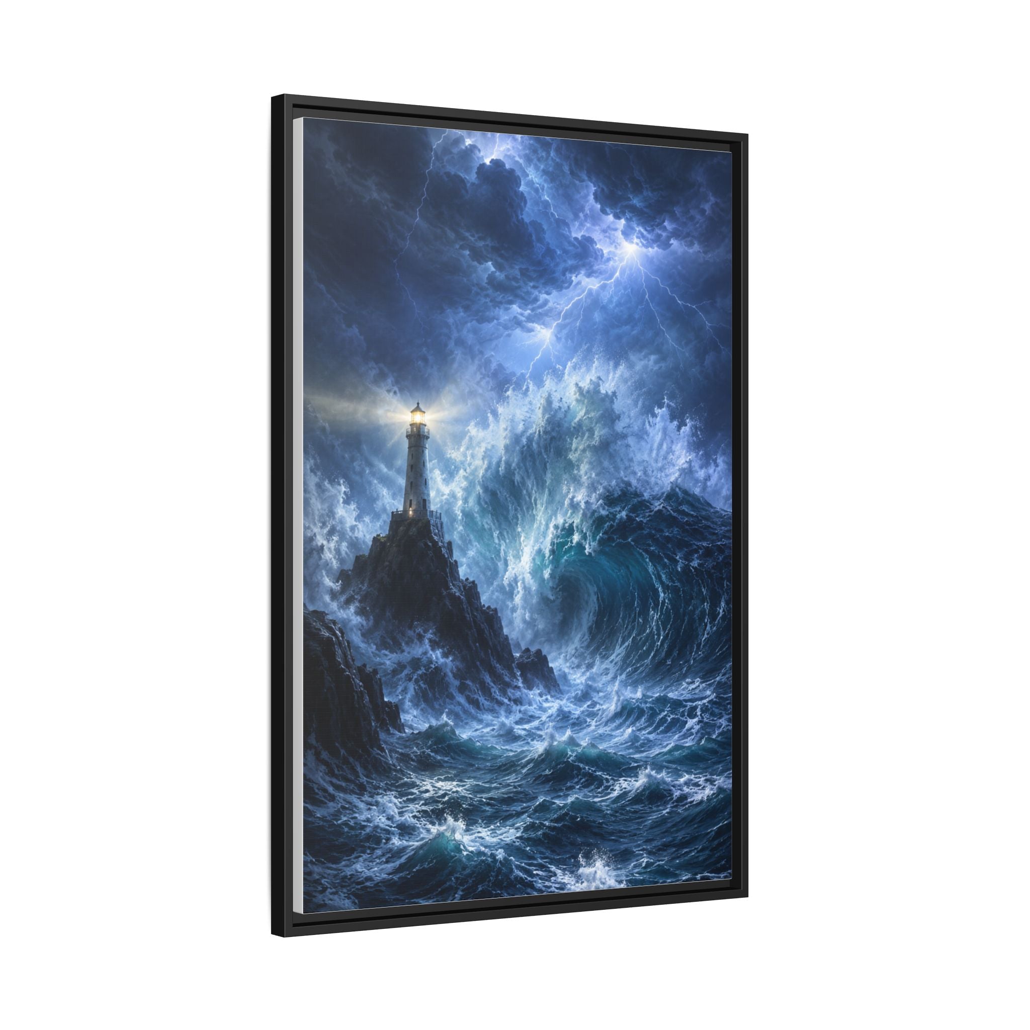 Framed Matte Canvas – Stormy Lighthouse Ocean Print
