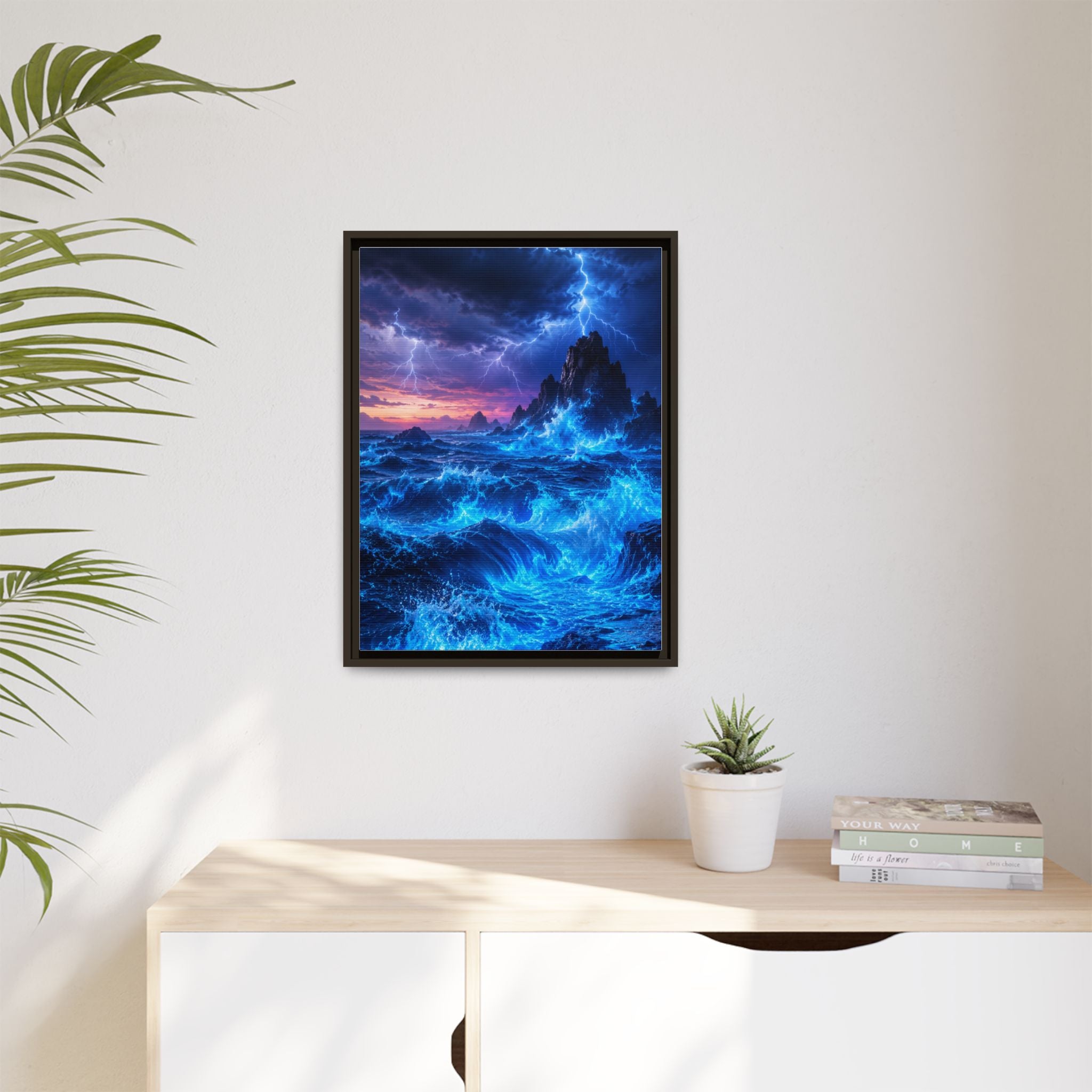 Framed Matte Canvas Art — Electric Stormy Ocean Landscape