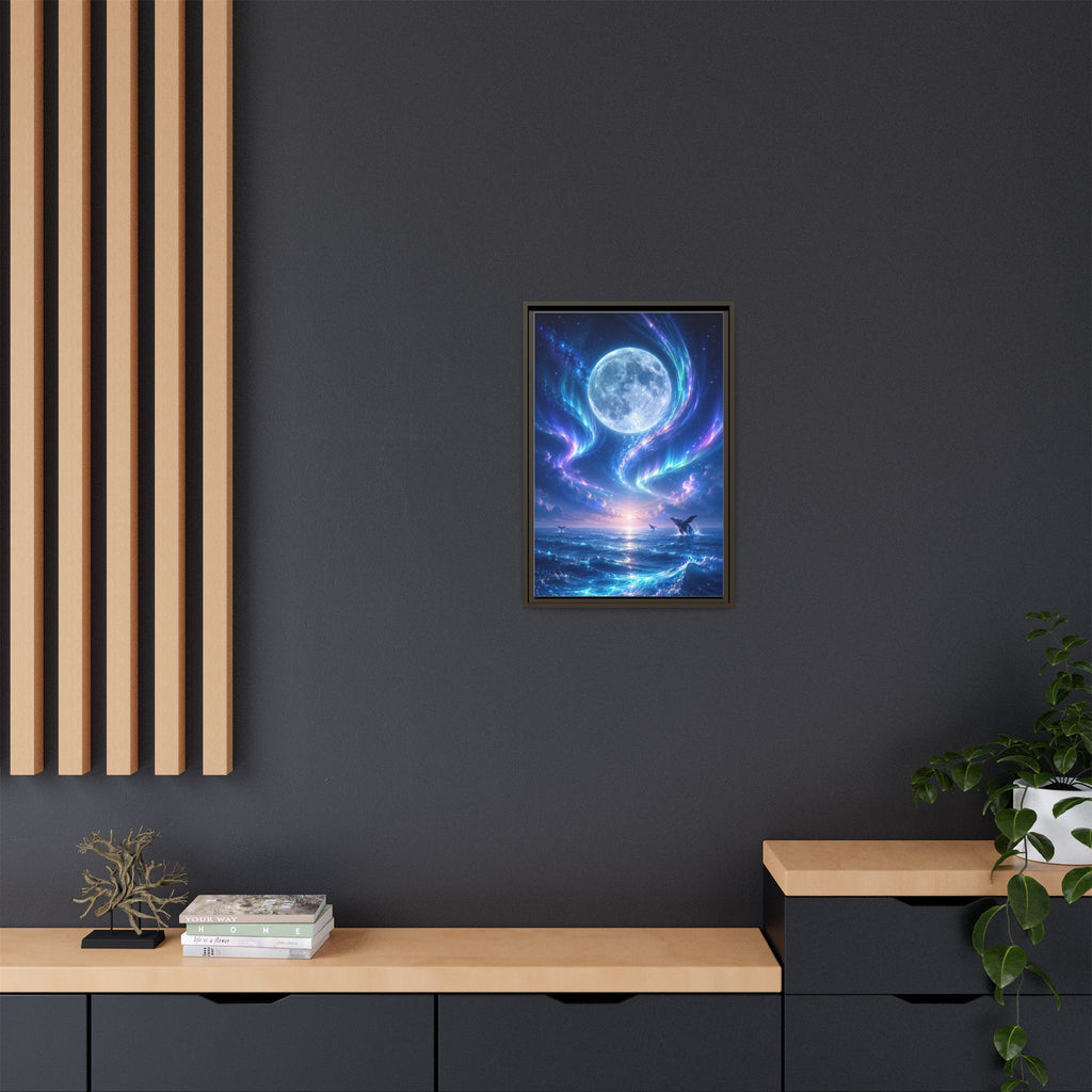 Framed Canvas Art - Lunar Aurora Ocean Scene