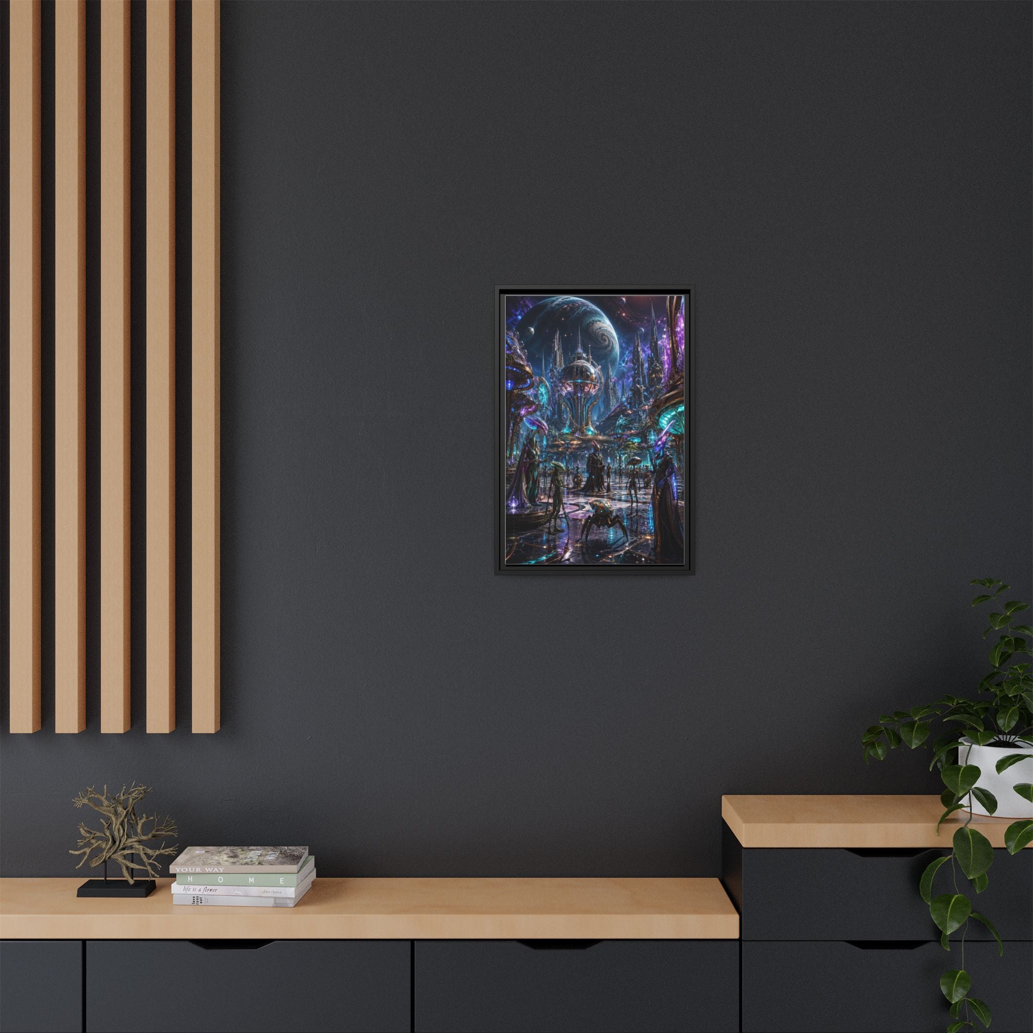 Framed Matte Canvas - Neon Sci‑Fi Cityscape Wall Art