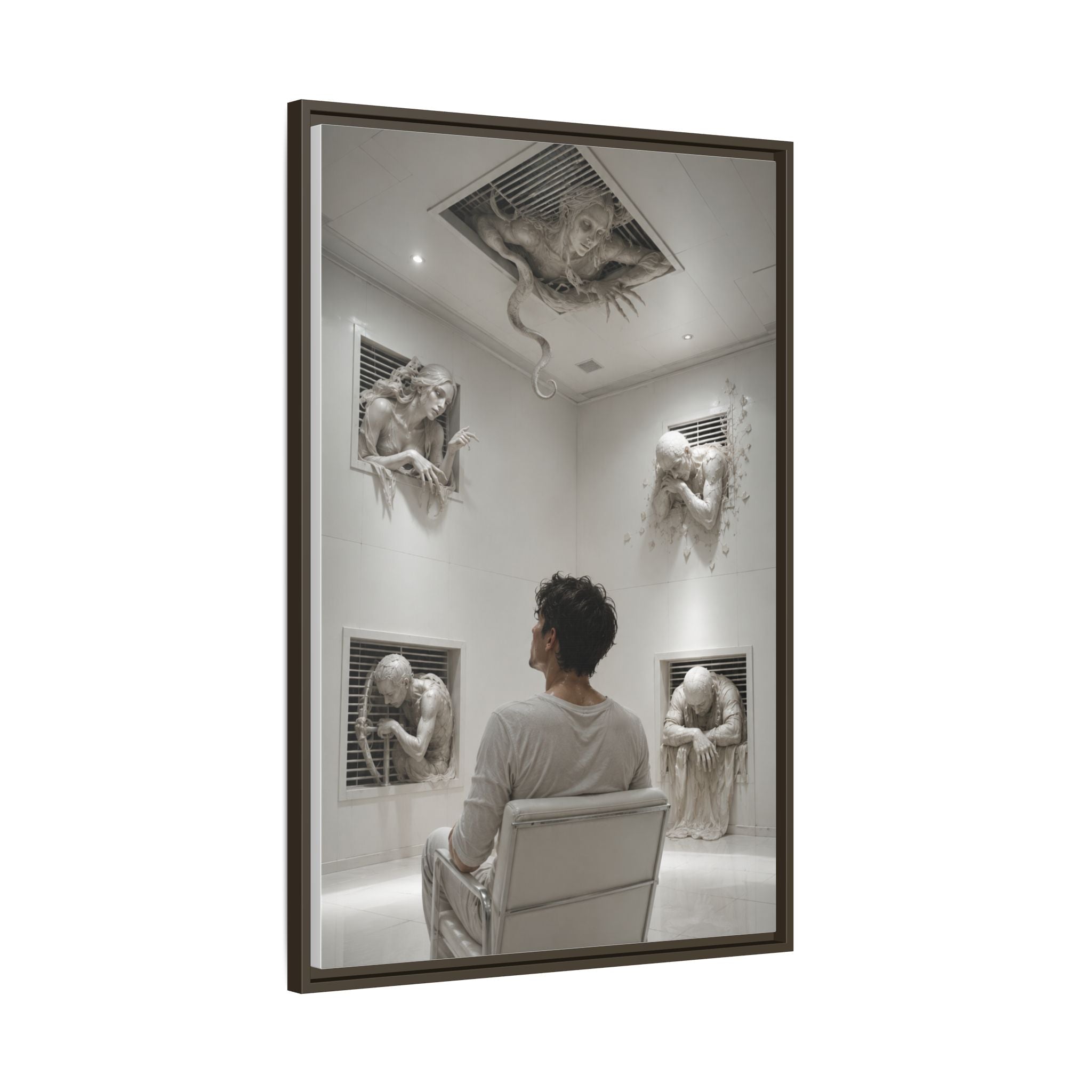 Surreal Wall Art Canvas — Man in Gallery with Sculpted Figures, Framed Matte Print