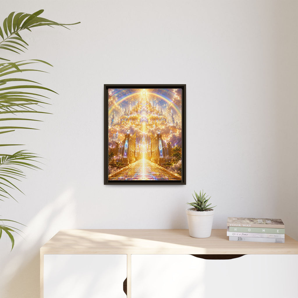 Heavenly Gateway Matte Framed Canvas — Golden Rainbow Spiritual Wall Art
