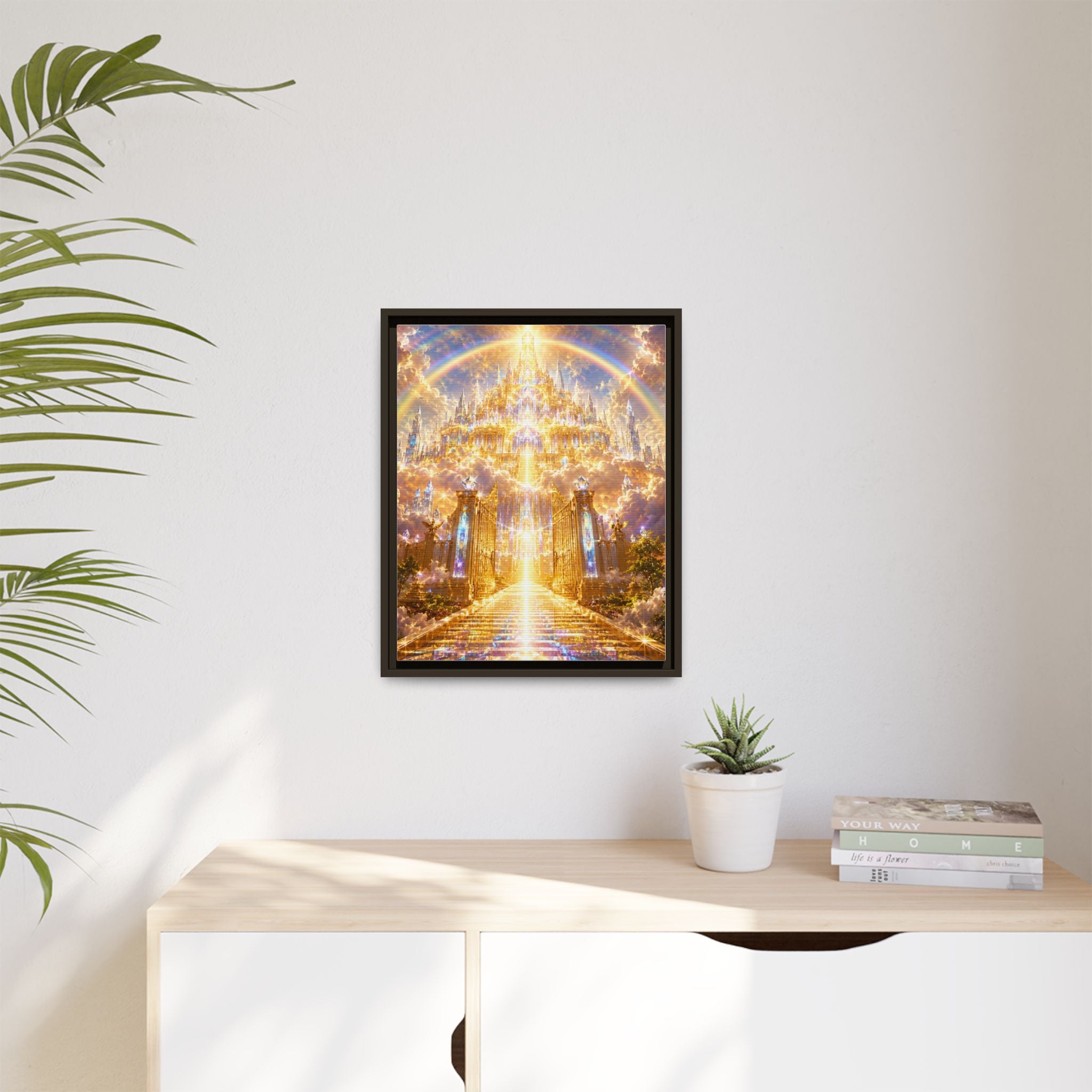 Heavenly Gateway Matte Framed Canvas — Golden Rainbow Spiritual Wall Art