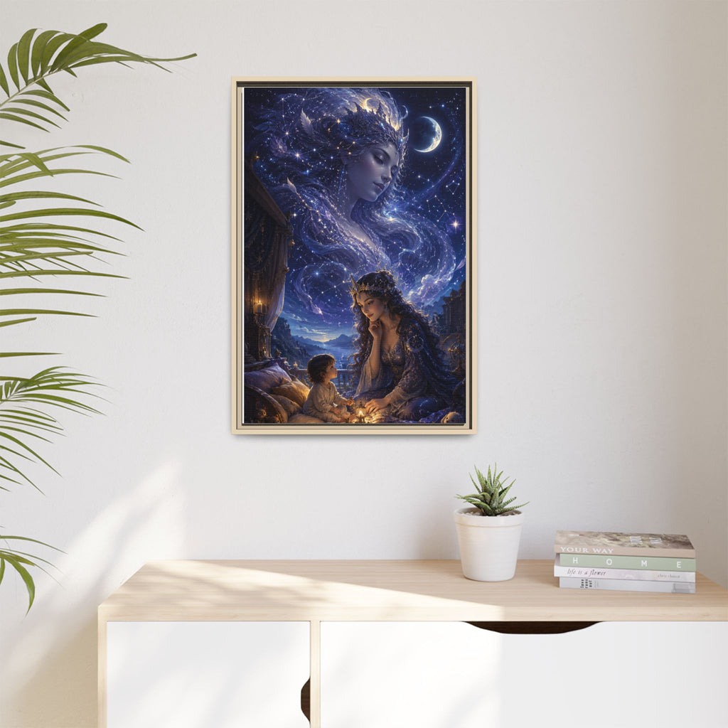 Framed Matte Canvas — Mystical Moon Mother & Child Nightscape Wall Art