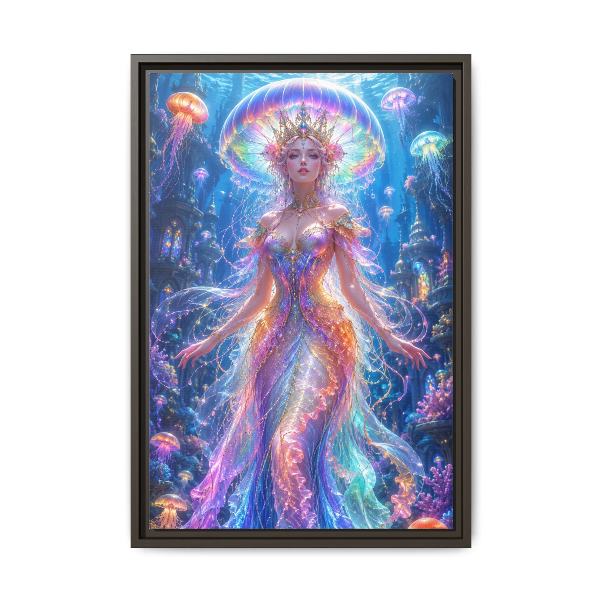 Jellyfish Queen Framed Canvas Art — Vibrant Mermaid Goddess Wall Print
