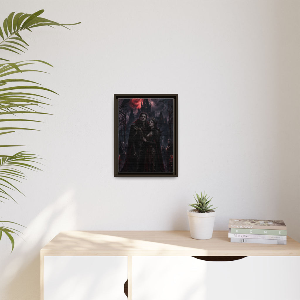 Vampire Couple Matte Framed Canvas Art – Gothic Red Moon Wall Decor