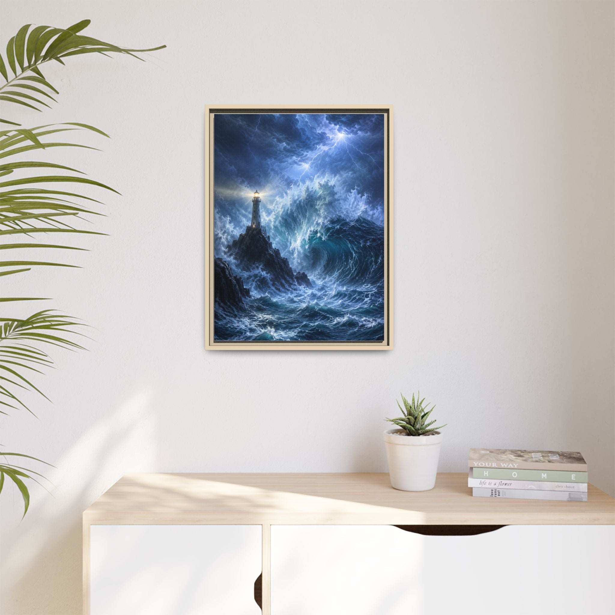 Framed Matte Canvas – Stormy Lighthouse Ocean Print