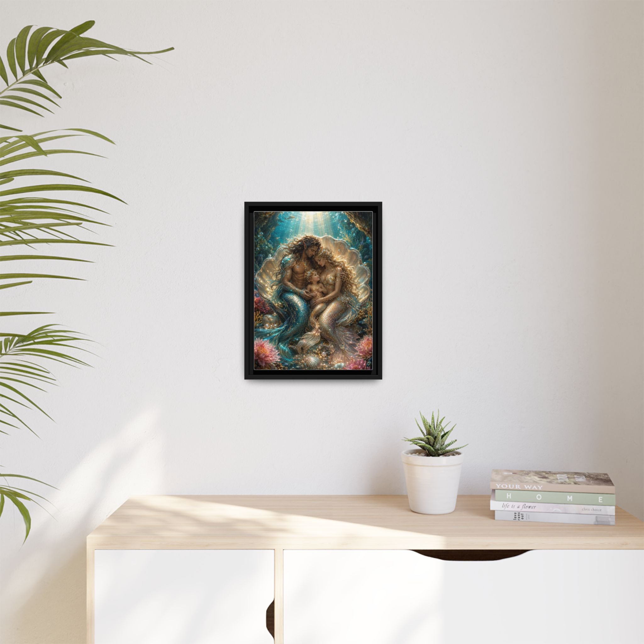 Framed Mermaid Family Art Print — Oceanic Fantasy Canvas Wall Decor
