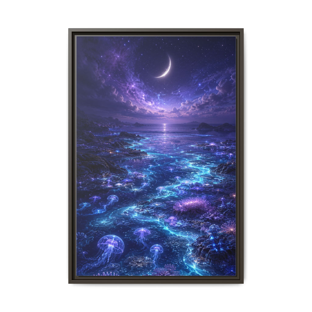 Framed Canvas Art — Bioluminescent Moonlit Ocean Scene
