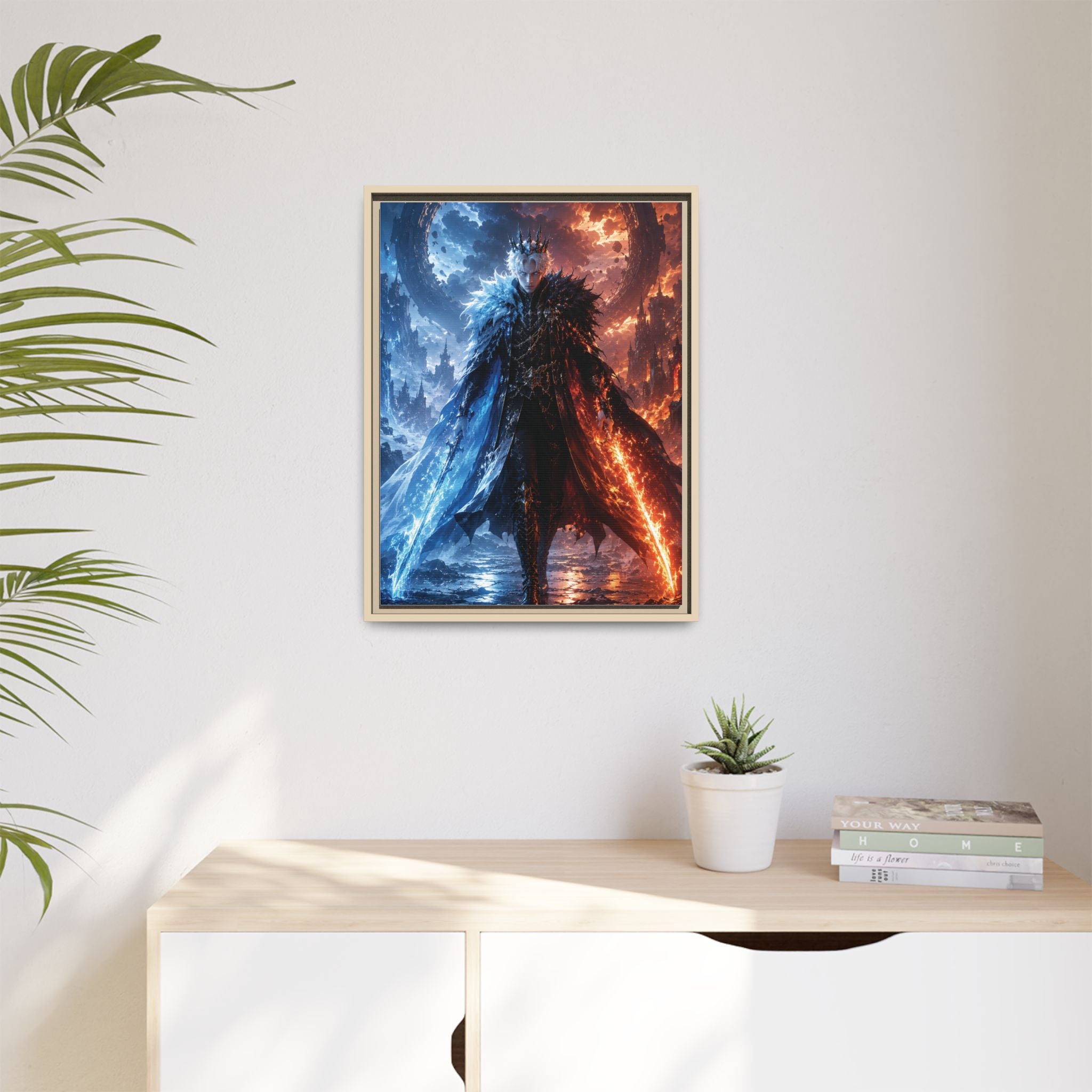 Framed Fantasy Canvas Print — Ice vs Fire Dark Knight Wall Art