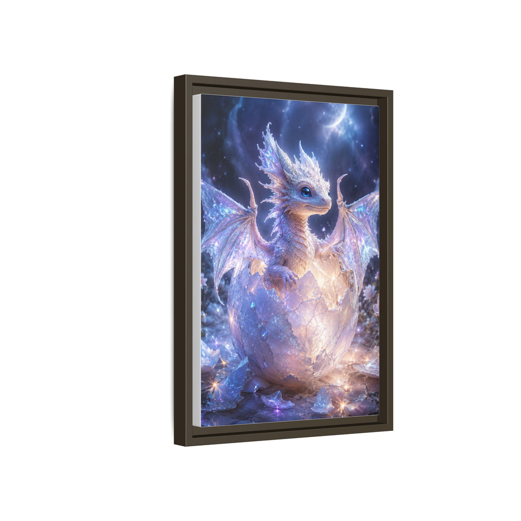 Framed Fantasy Dragon Canvas Print — Mystical Baby Dragon in Cracked Egg Wall Art
