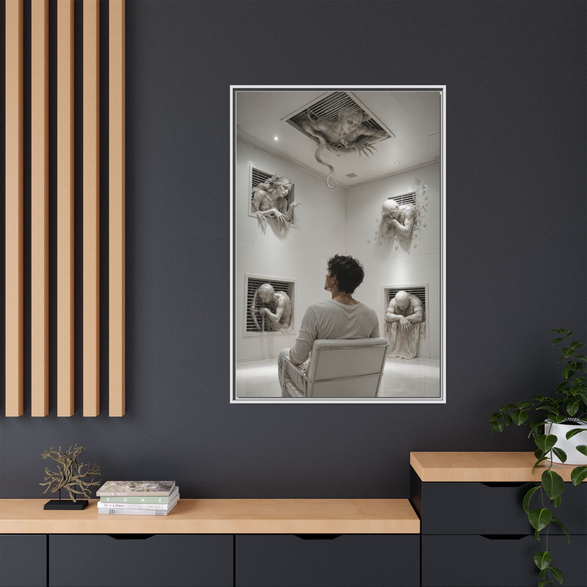 Surreal Wall Art Canvas — Man in Gallery with Sculpted Figures, Framed Matte Print