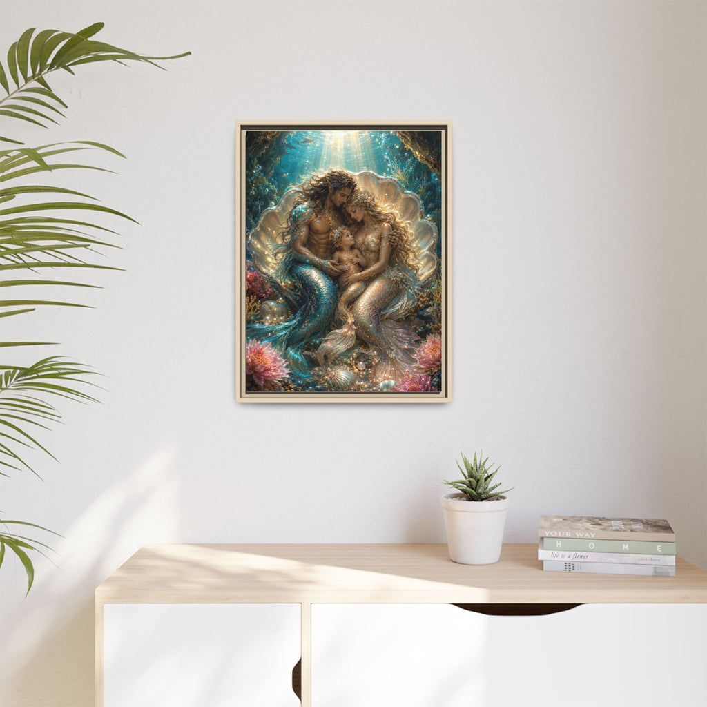 Framed Mermaid Family Art Print — Oceanic Fantasy Canvas Wall Decor