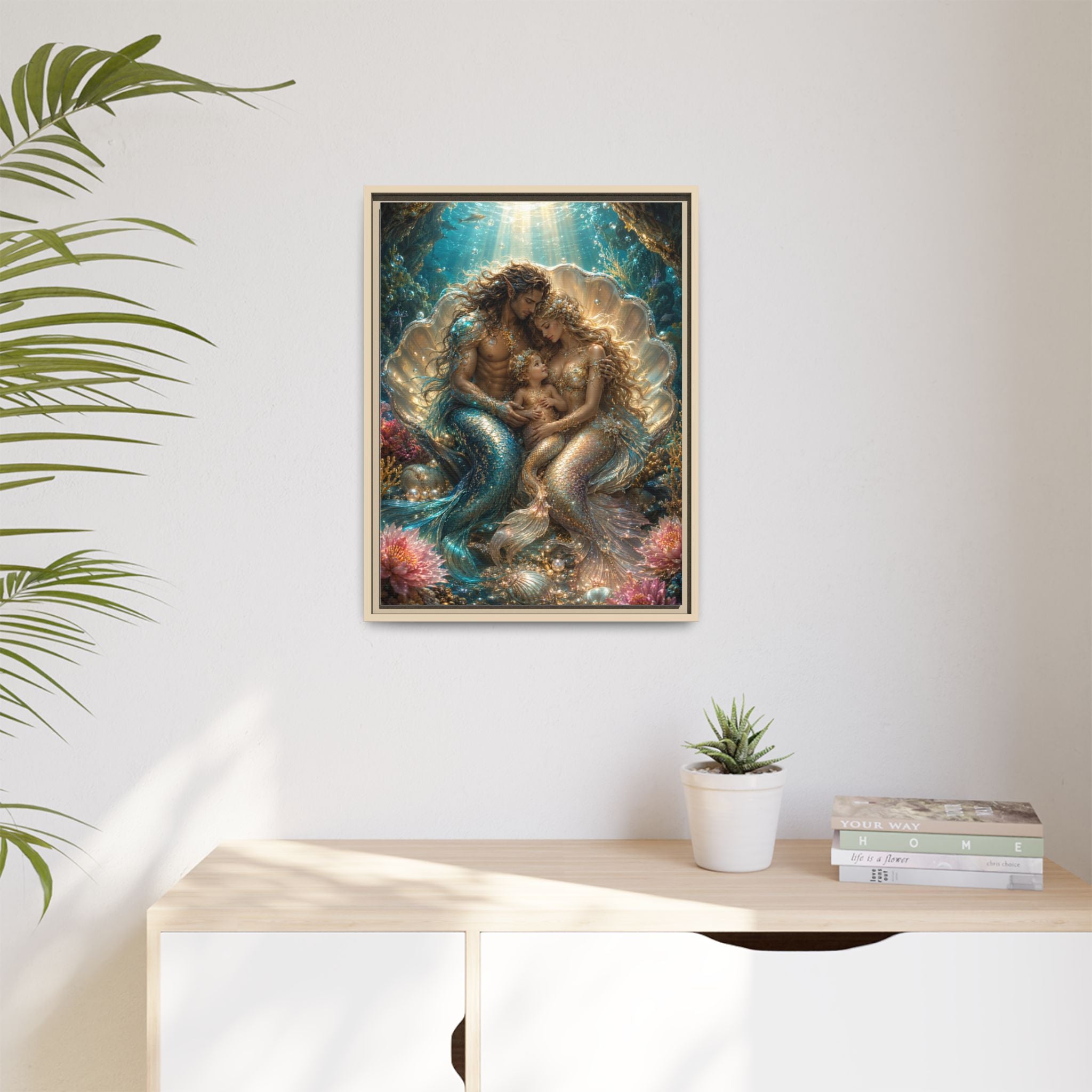 Framed Mermaid Family Art Print — Oceanic Fantasy Canvas Wall Decor