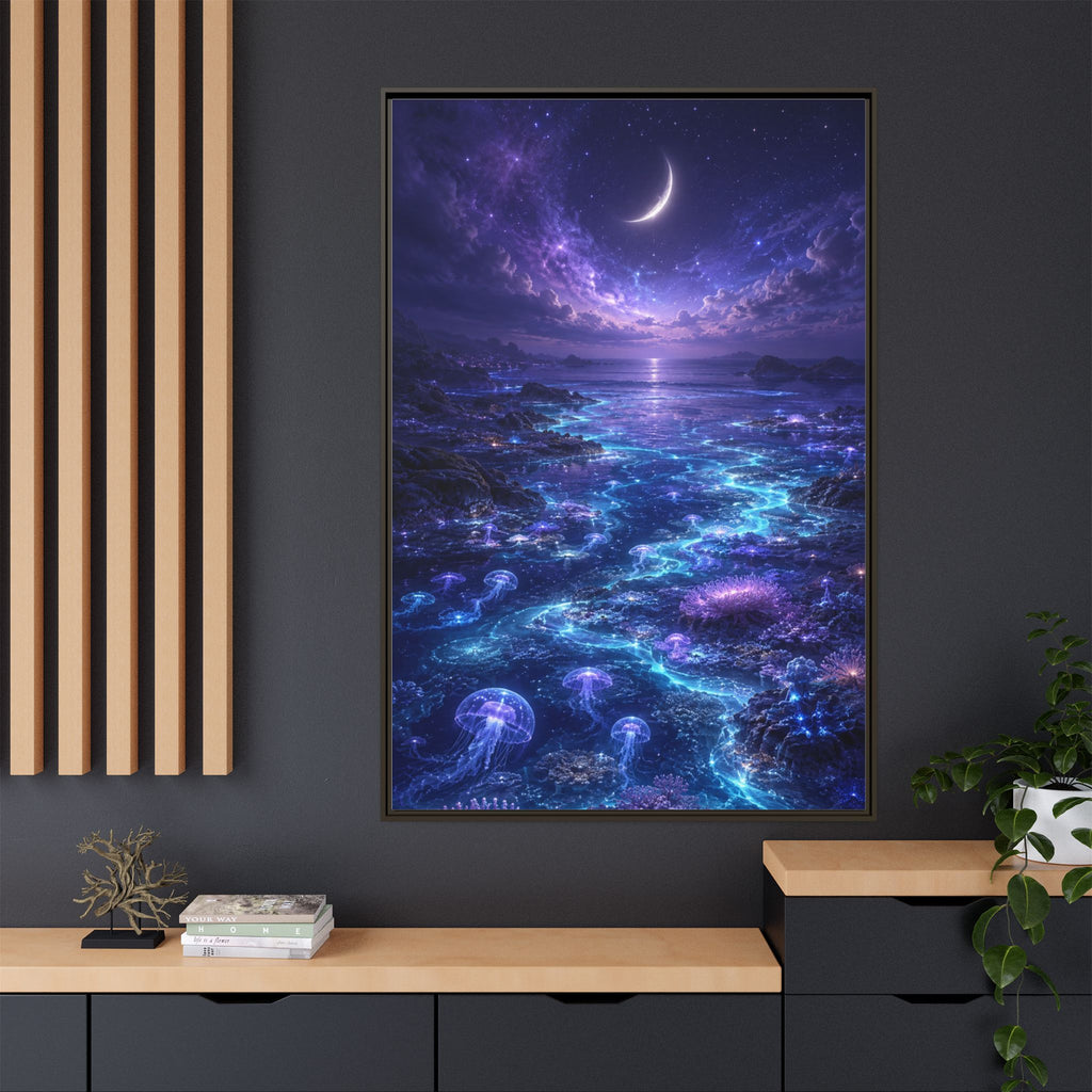 Framed Canvas Art — Bioluminescent Moonlit Ocean Scene
