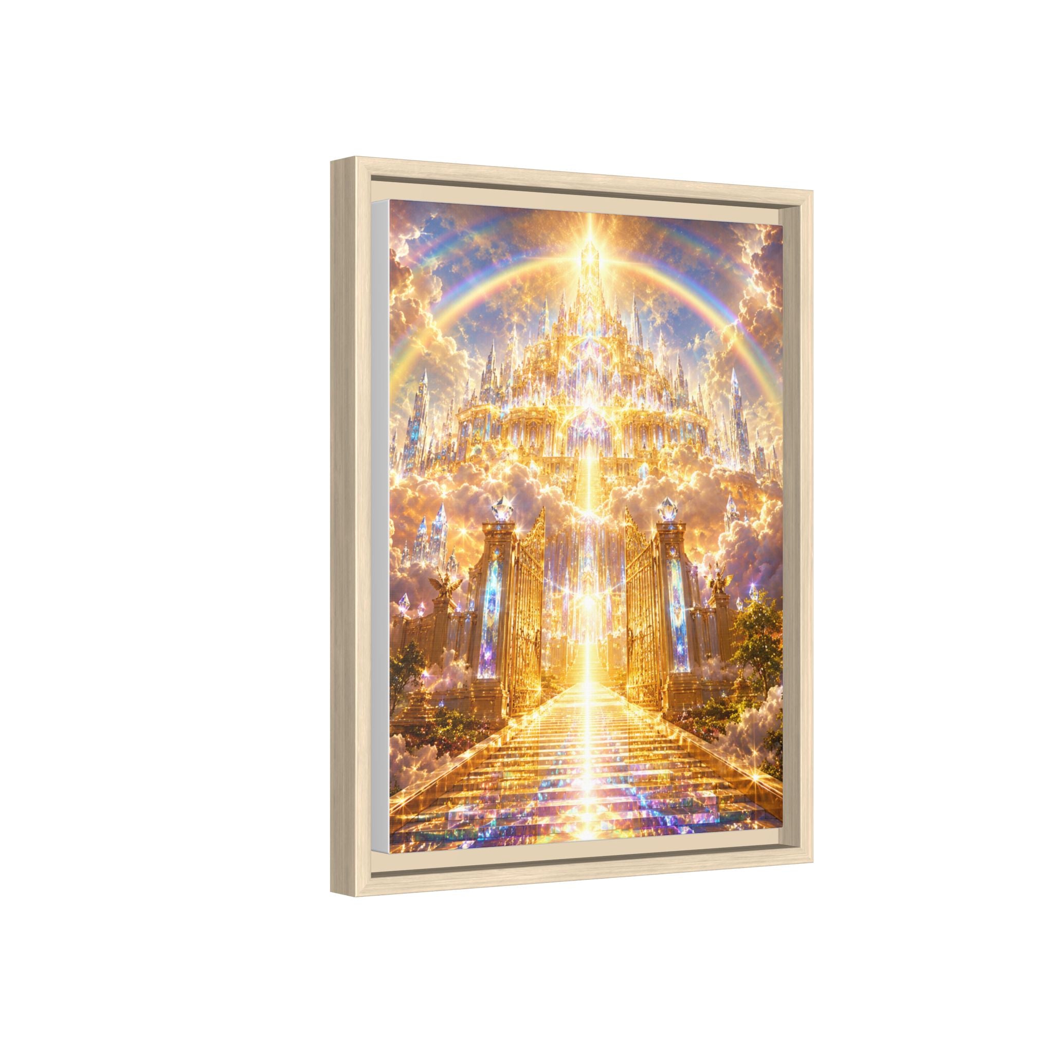 Heavenly Gateway Matte Framed Canvas — Golden Rainbow Spiritual Wall Art