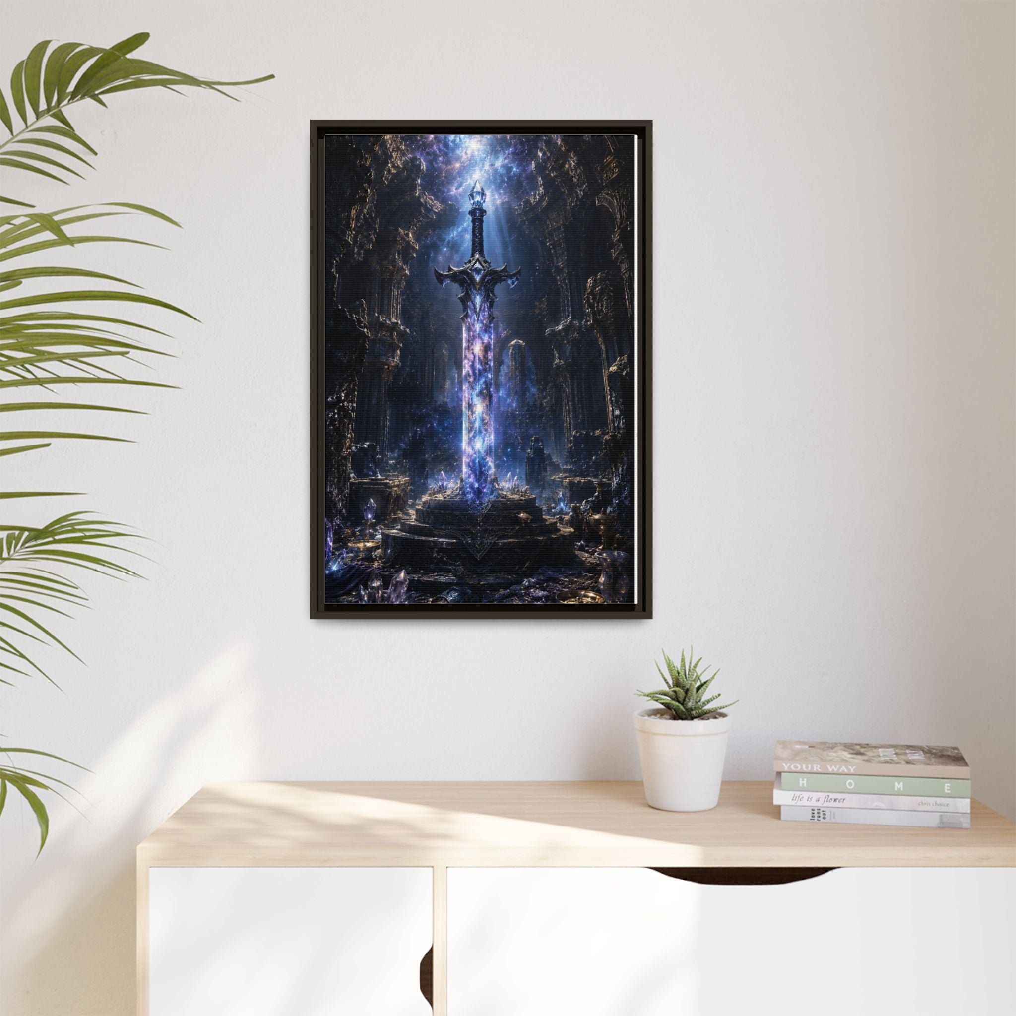 Framed Fantasy Sword Canvas — Mystical Glowing Blade Wall Art