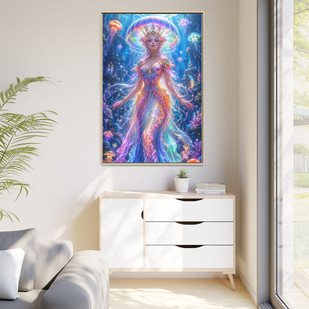 Jellyfish Queen Framed Canvas Art — Vibrant Mermaid Goddess Wall Print