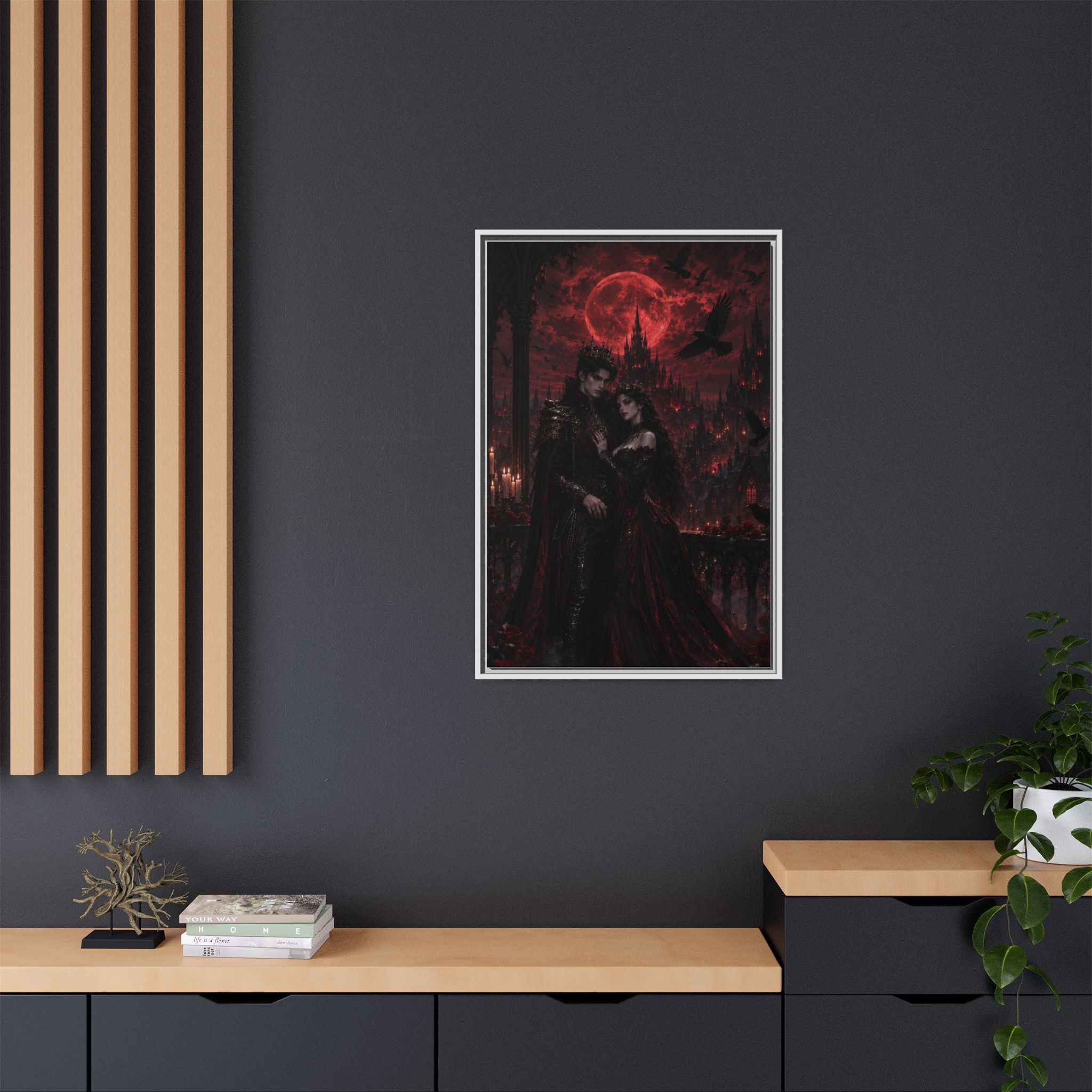 Vampire Lovers Matte Framed Canvas — Gothic Red Moon Wall Art