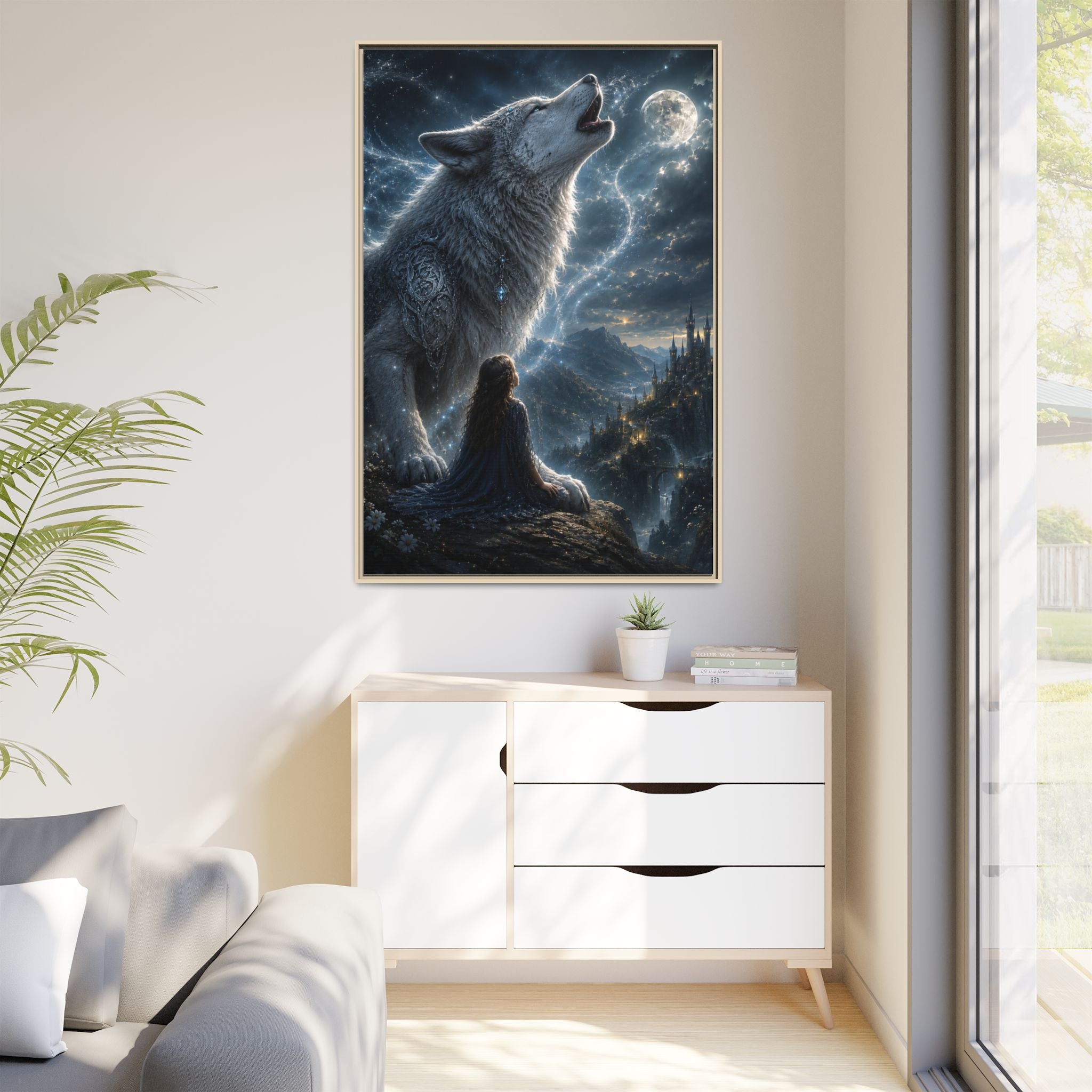 Howling Wolf Moon Matte Canvas Print — Framed Fantasy Wall Art
